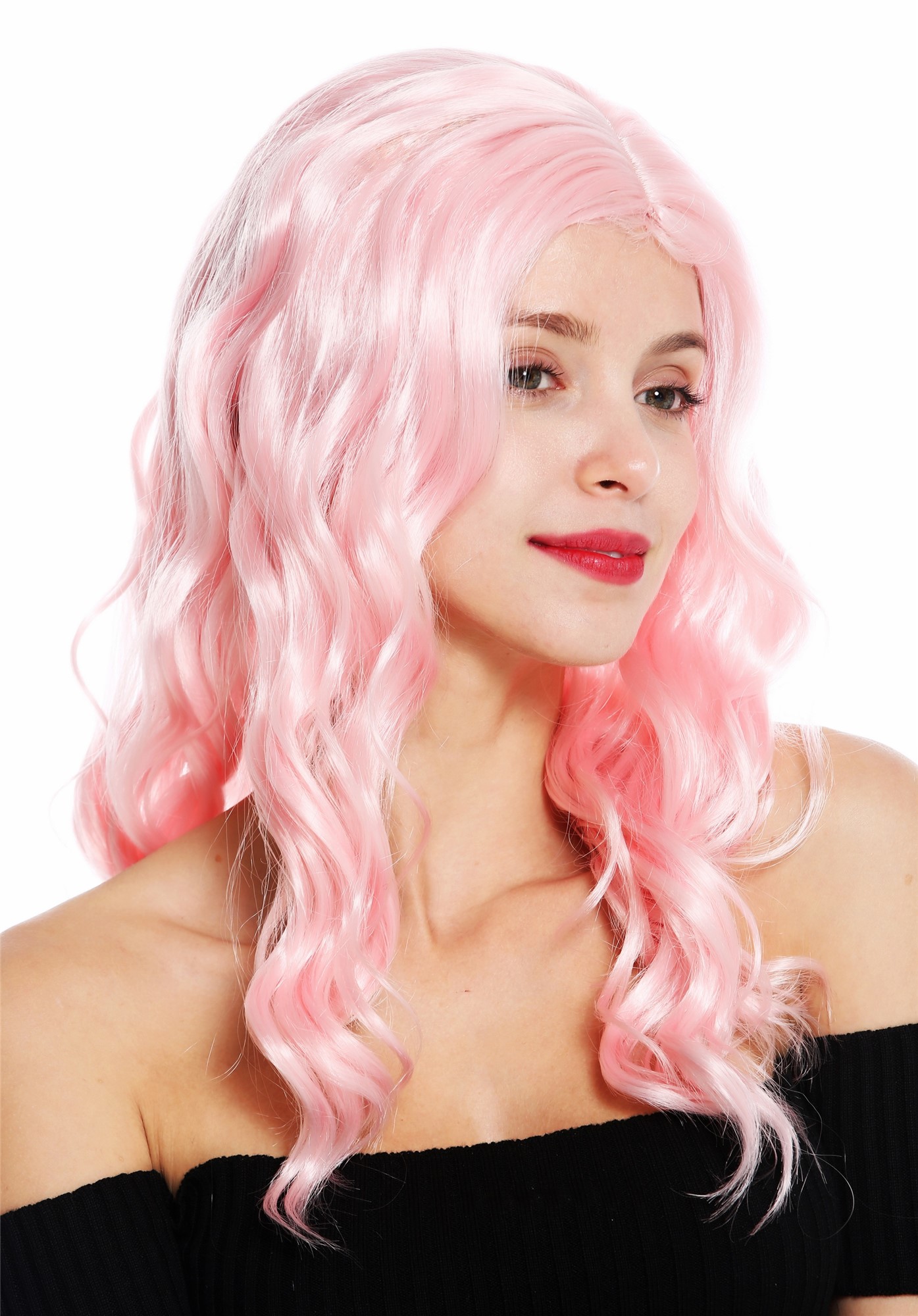 hochwertige Qualitätsperücken, Perücke lang wellig Mittelscheitel Rosa VK-9-T2333, Vorderansicht, WIG ME UP: Ihr Perücken Online Shop glatte Tressen-Perücke mit Kopfhaut-Imitat Hellrosa lange Haare für Damen