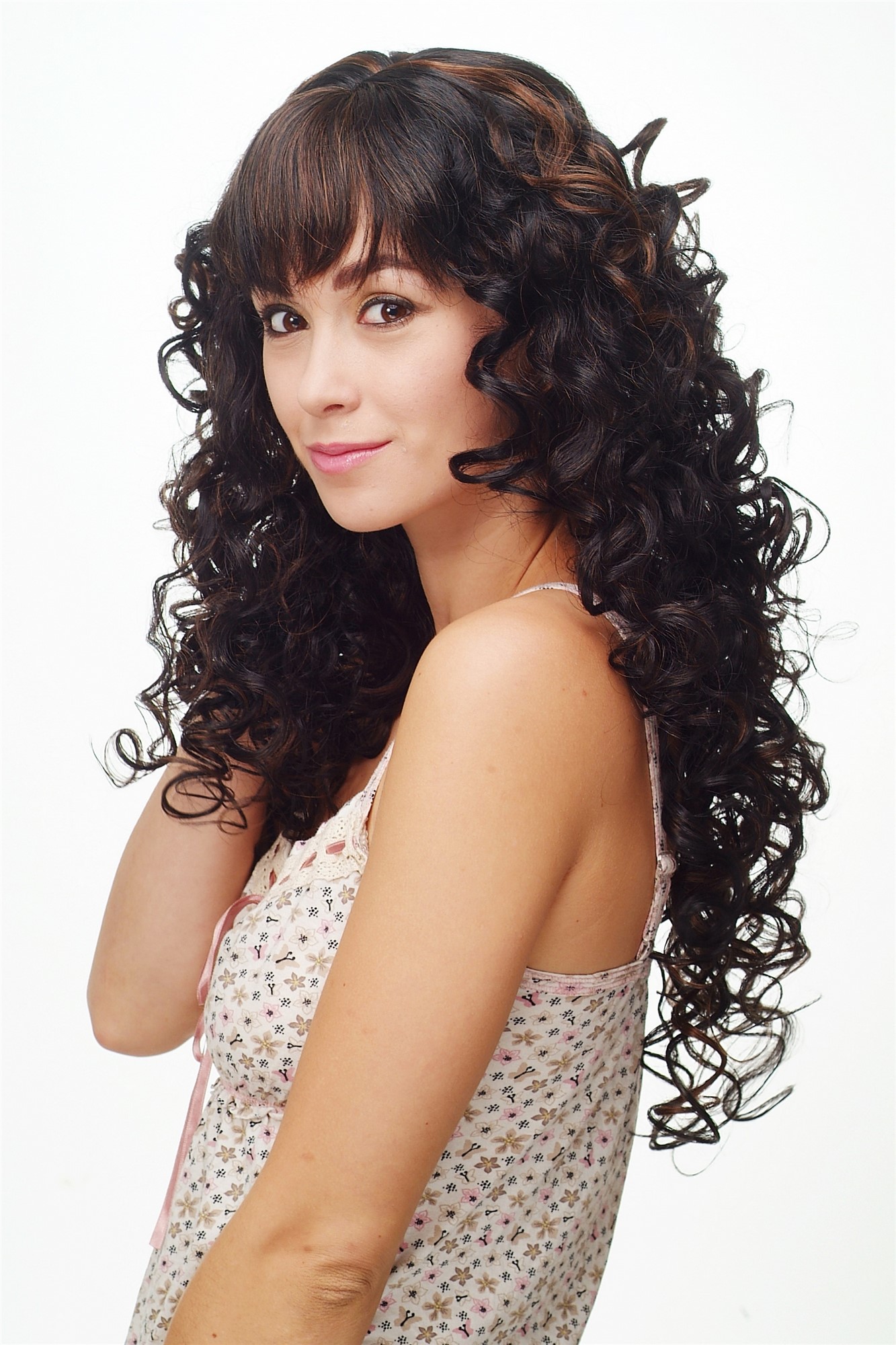 hochwertige Qualitätsperücken, Damenperücke Locken Volumen Schwarz Braun Strähnen Modell: FS1010-C, Ansicht 2, WIG ME UP: Ihr Perücken Online Shop lockige Tressen-Perücke mit Kopfhaut-Imitat Schwarz-Kupferbraun-Mix lange Haare für Damen