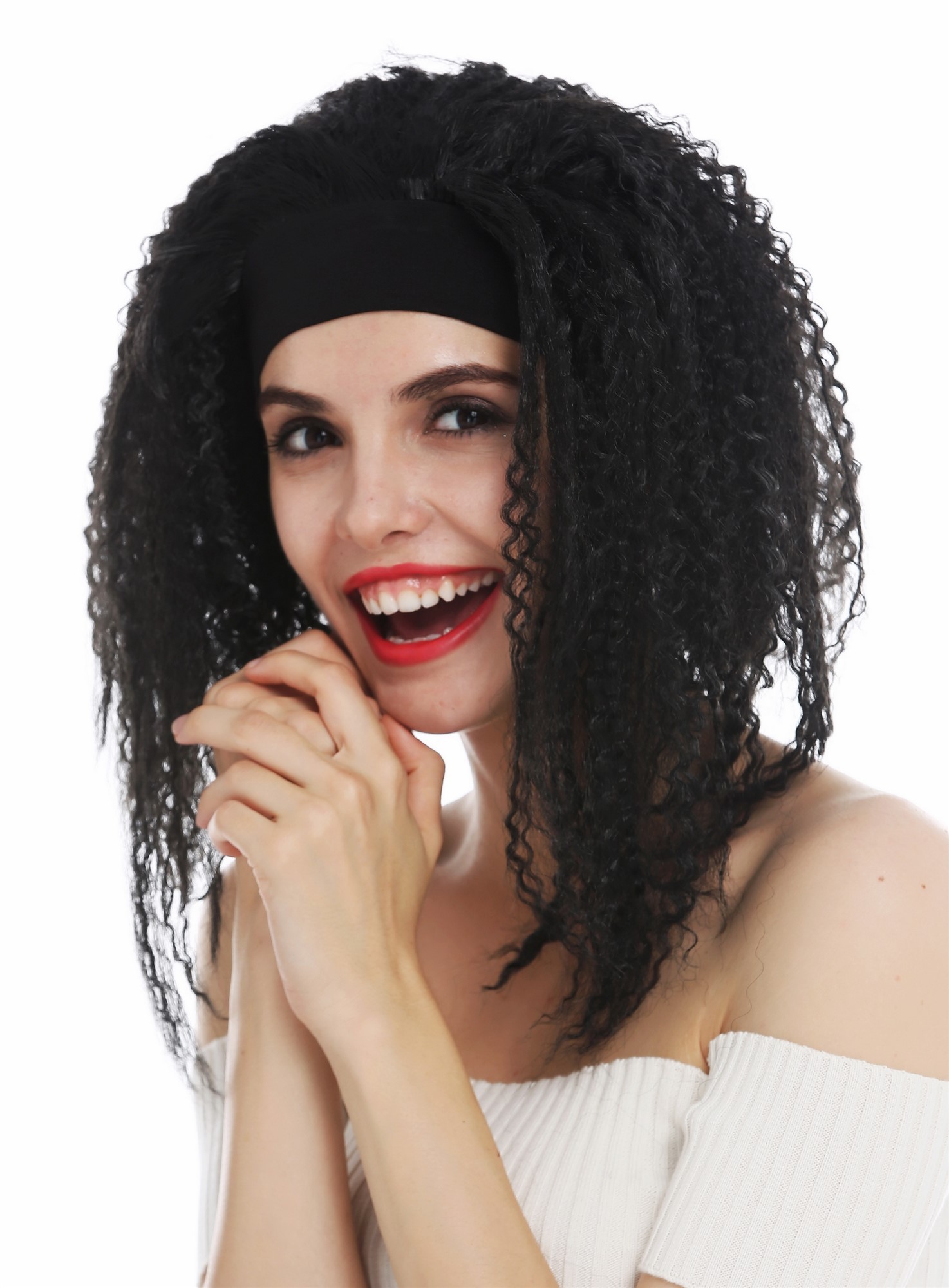 günstige Party Perücke, Perücke Stirnband Krepplocken Schwarz 31803-P103, Ansicht 3, WIG ME UP: Ihr Perücken Online Shop lockige Party Perücke Pechschwarz schulterlange Haare für Damen