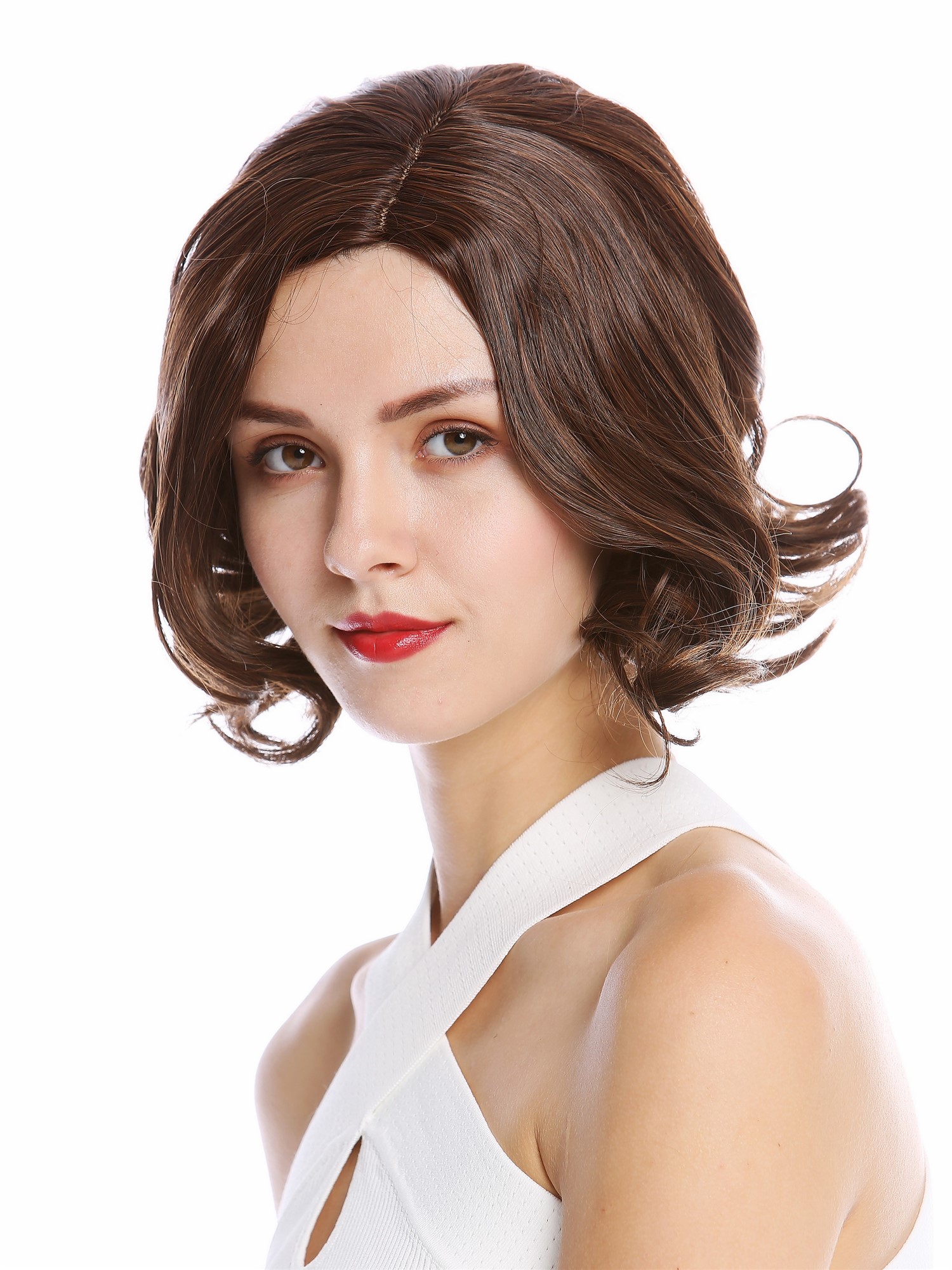 hochwertige Qualitätsperücken, Perücke kurz Longbob gewellt Mittelscheitel Kastanie Braun Mix YZF-4372-3/30, Ansicht 3, WIG ME UP: Ihr Perücken Online Shop lockige Tressen-Perücke mit Kopfhaut-Imitat Braun-Mix kurze Haare für Damen