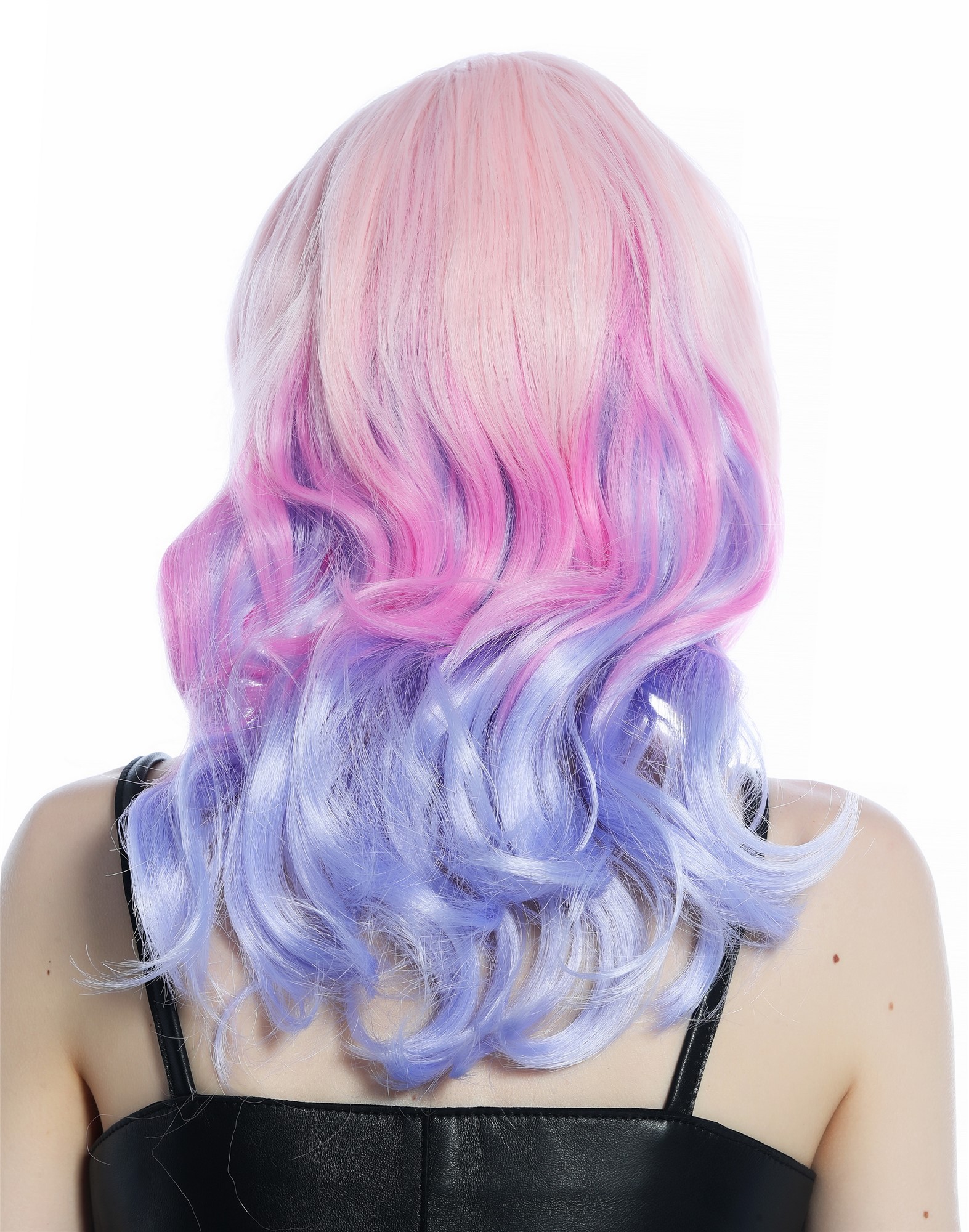 Party Wig, Ladies, Top of the head light pink hatline pink neck light purple, wavy, long