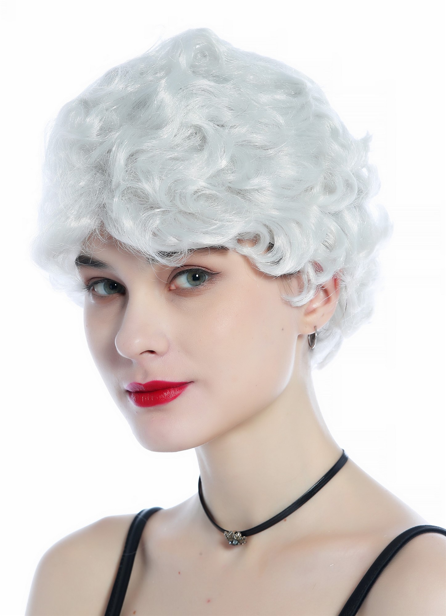 Wig Halloween Women Men short white grey wavy curled grandma grandpa 215223, front view, WIG ME UP: Your Perücken Online Shop Party Wig, Ladies, silver-white, curled, short