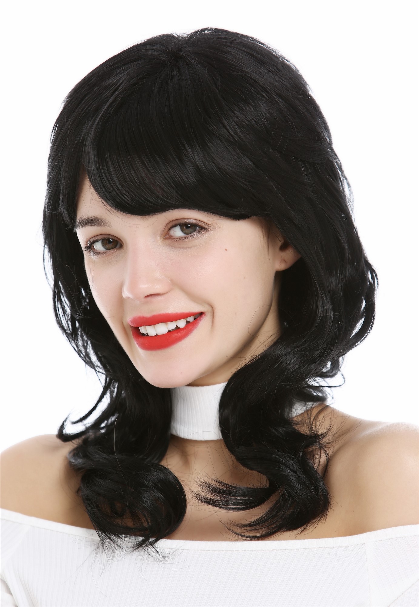 Lady Wig shoulder-length medium long layered naturally waved wavy black 9383, front view, WIG ME UP: Your Perücken Online Shop Quality Wigs, Ladies, velvet black, wavy, shoulder-length