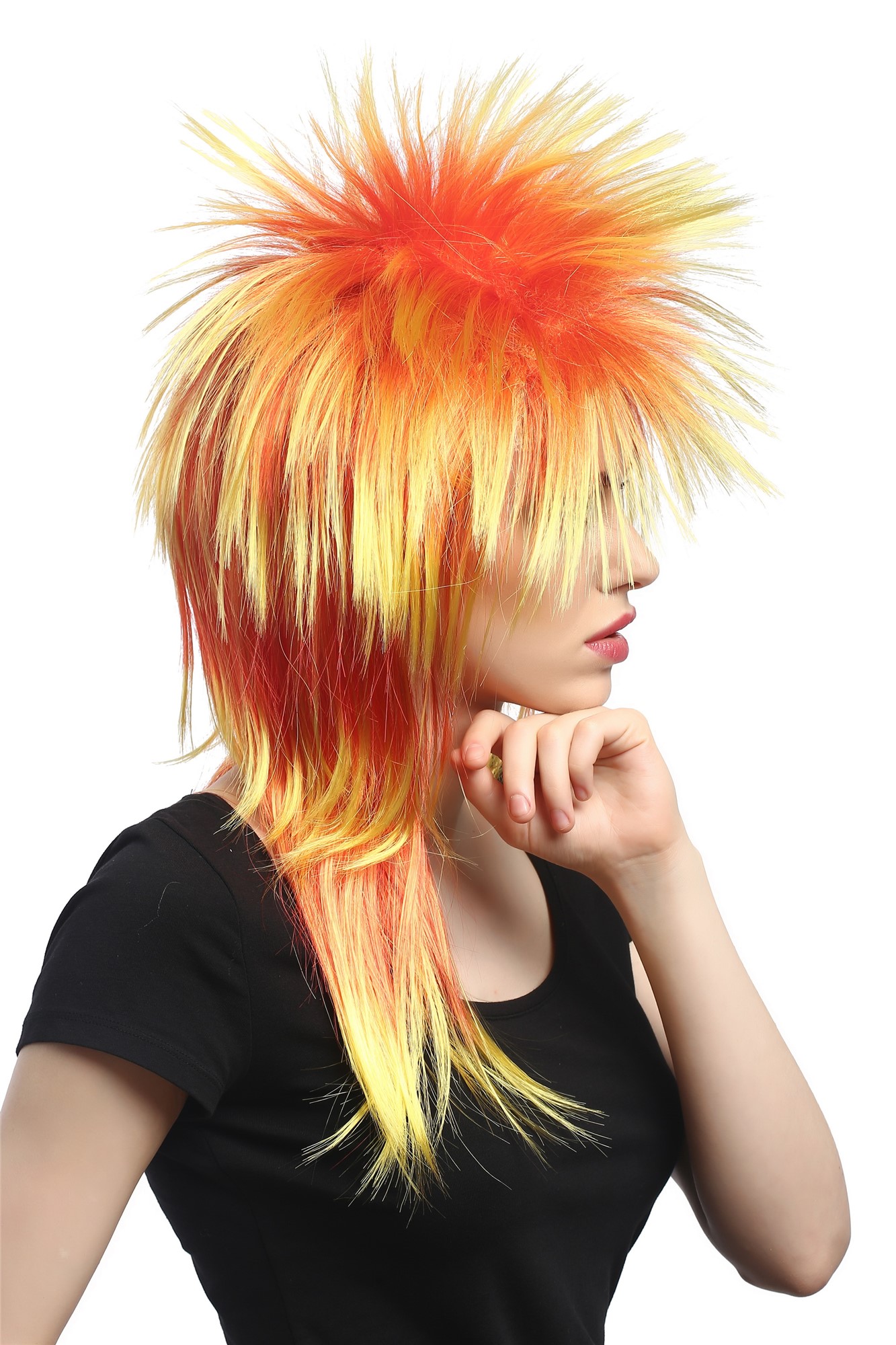Wig Ladies Men Halloween Carnival 80s Glam Punk Wave Pop mullet with spiky hair yellow red, view 4, WIG ME UP: Your Perücken Online Shop Party Wig, Unisex, yellow, red, wavy, long