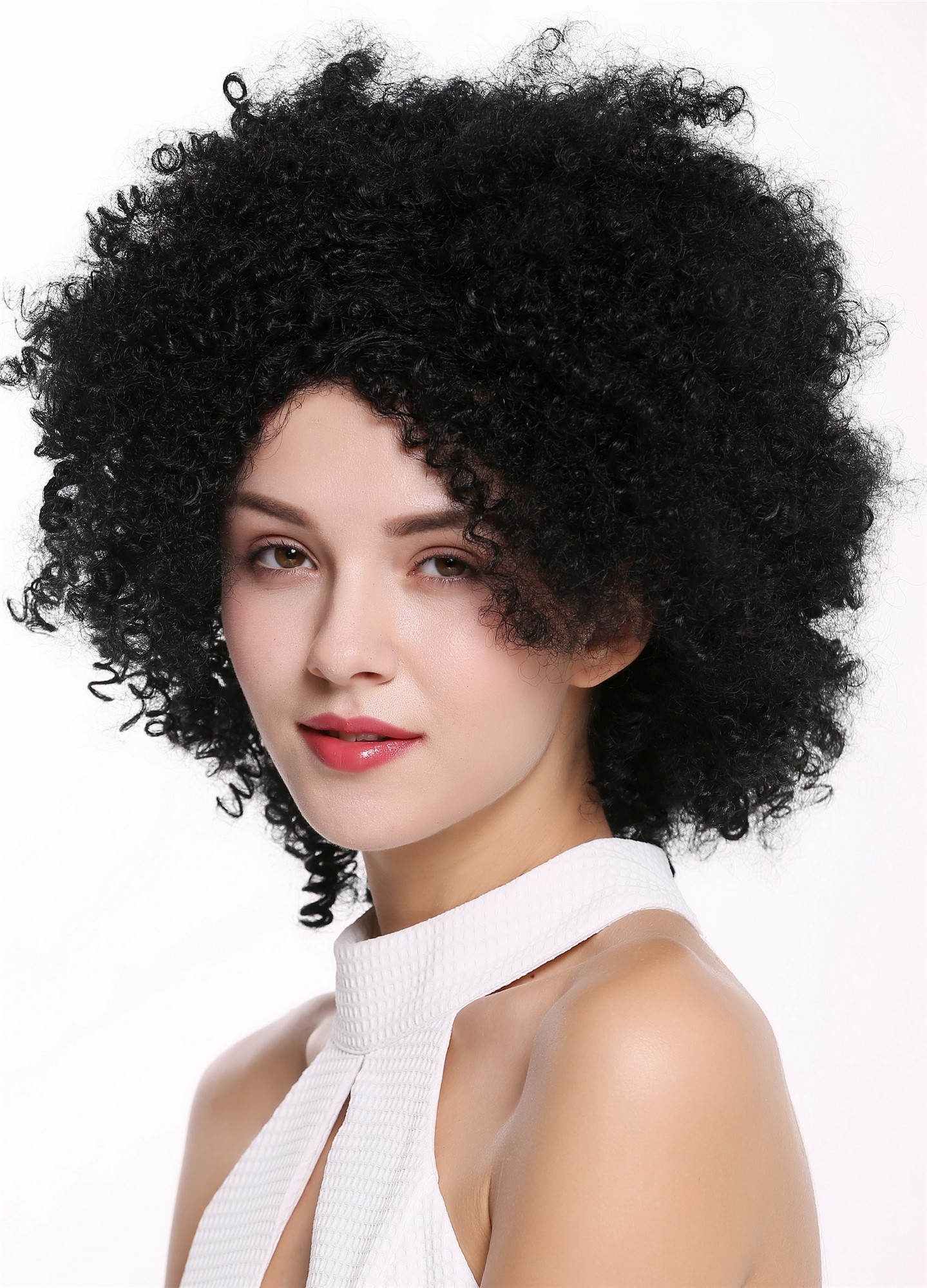 hochwertige Qualitätsperücken, Perücke kraus Afro Locken Volumen Schwarz ZM-1586-1, Ansicht 3, WIG ME UP: Ihr Perücken Online Shop lockige Tressen-Perücke Schwarz schulterlange Haare für Damen