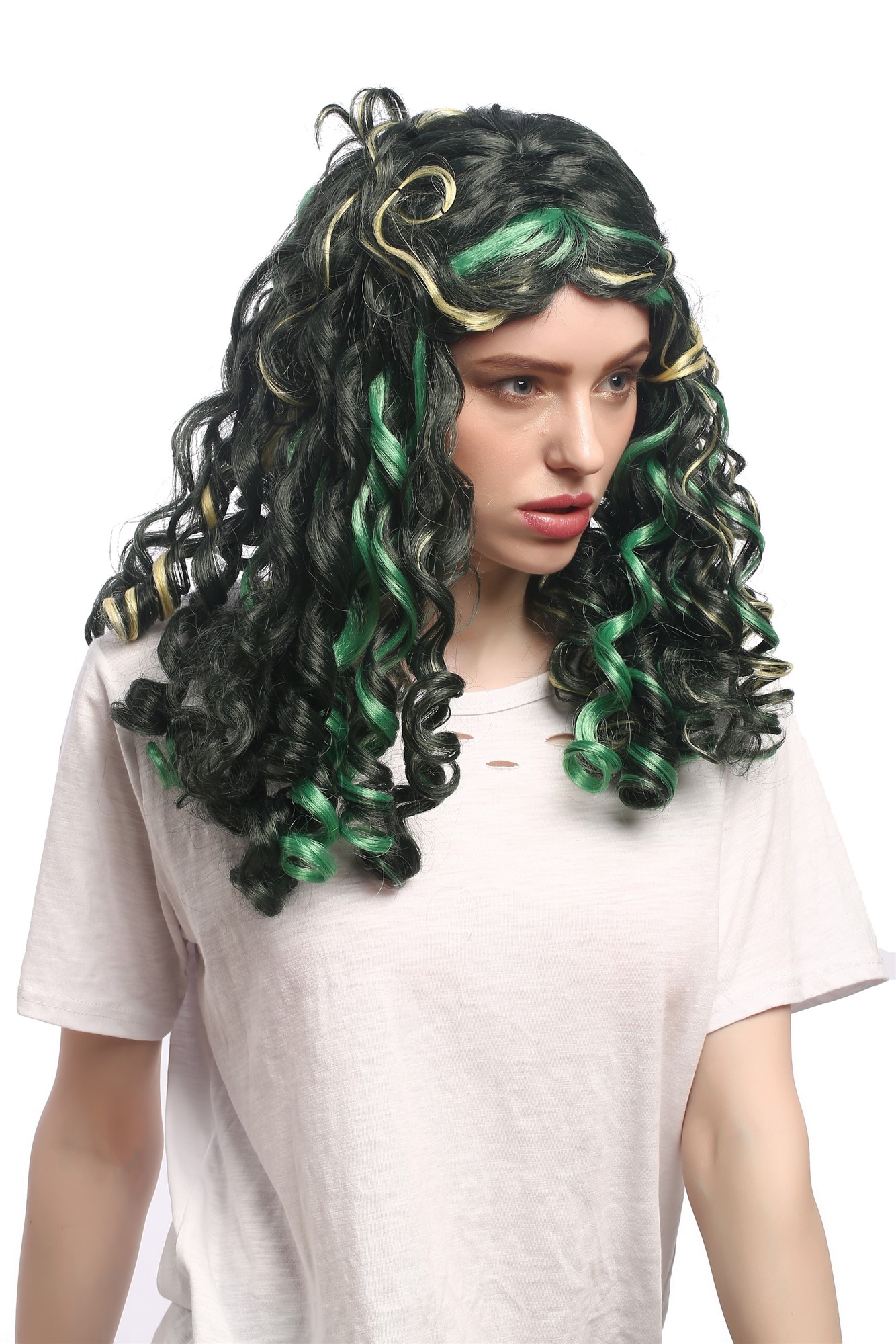 Lady Party Wig Fancy Dress Cosplay Mermaid green blond strands baroque coils curls middle parting, front view, WIG ME UP: Your Perücken Online Shop Party Wig, Unisex, Green, curled, shoulder-length