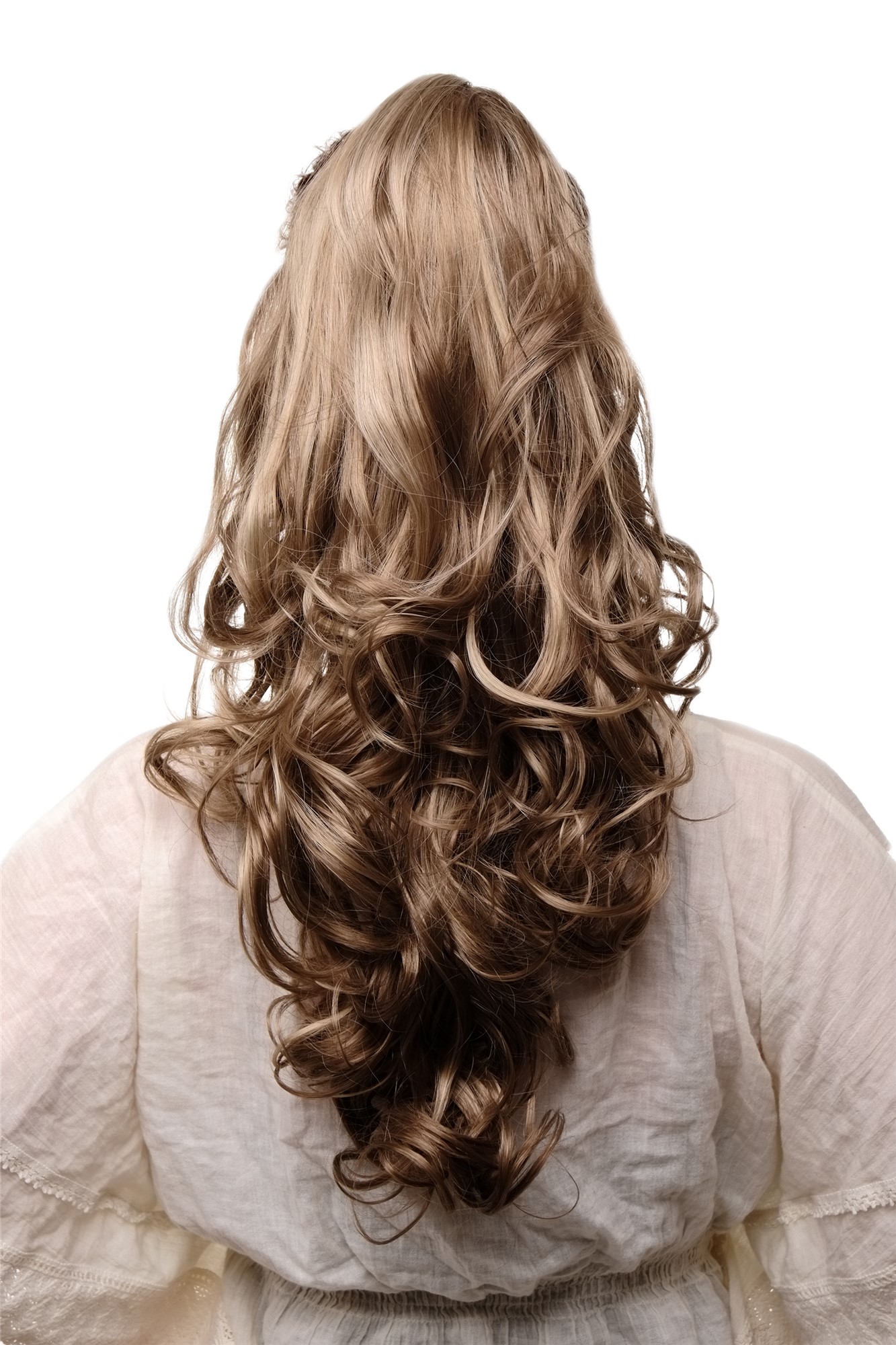 TYQ2169-14-26 Ponytail Hairpiece extension long voluminous wavy curled tips claw clamp light brown streaked blond highlights 22", front view, WIG ME UP: Your Perücken Online Shop Ponytails, light brown-blonde mix, wavy, long
