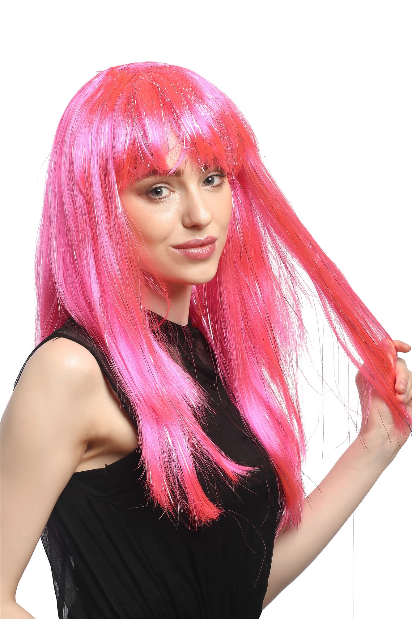 XR-003-PC5 Lady Party Wig Halloween long straight bangs streaked with silver tinsel strands pink, view 2, WIG ME UP: Your Perücken Online Shop Party Wig, Ladies, Pink, straight, long