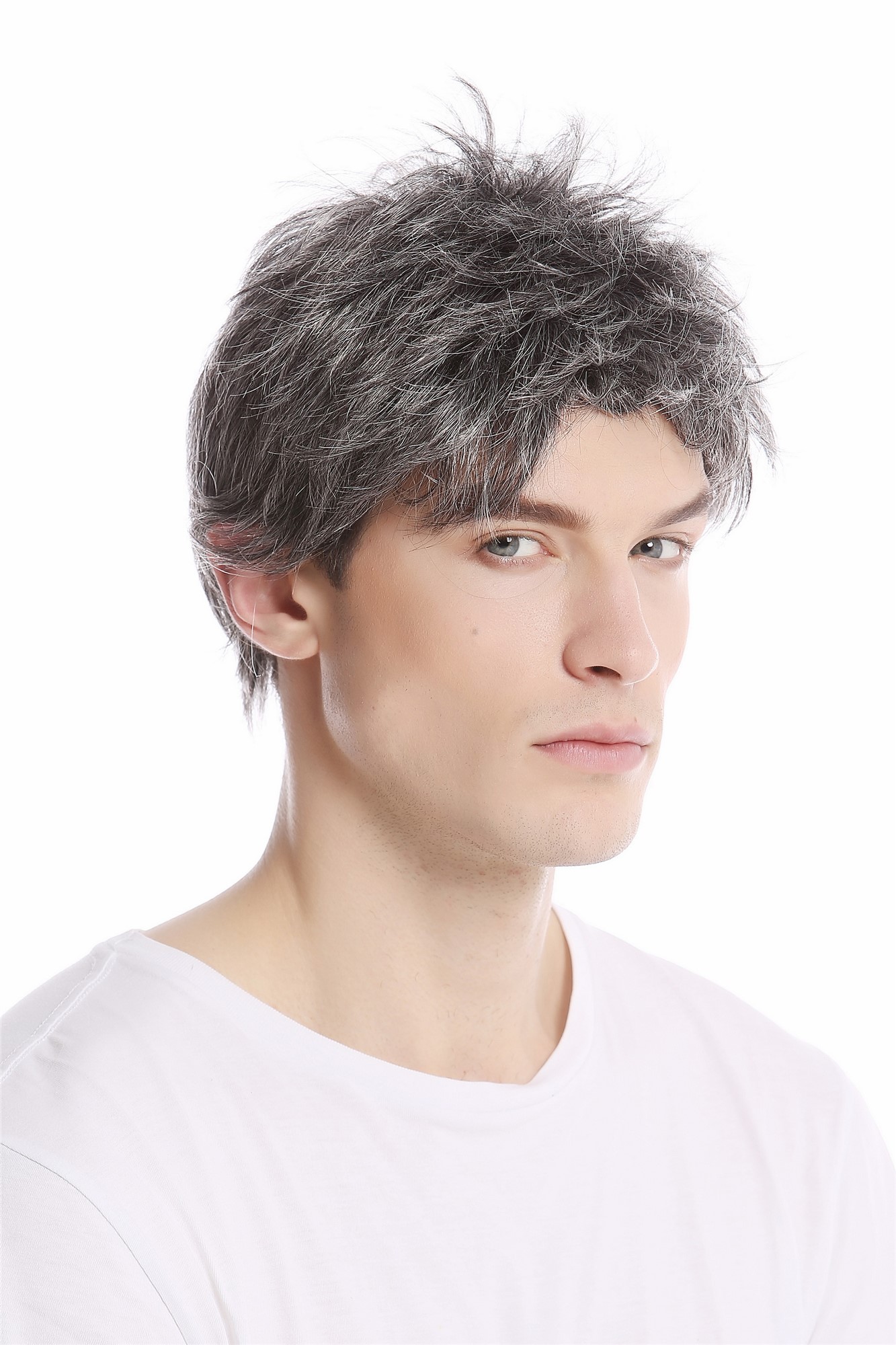 hochwertige Qualitätsperücken, Herren Perücke Wild Stürmisch-Struppig aufgestylt Kurz Dunkelgrau GFW1169-44, Vorderansicht, WIG ME UP: Ihr Perücken Online Shop wellige Tressen-Perücke Dunkelbraun-Grau-Mix kurze Haare für Herren