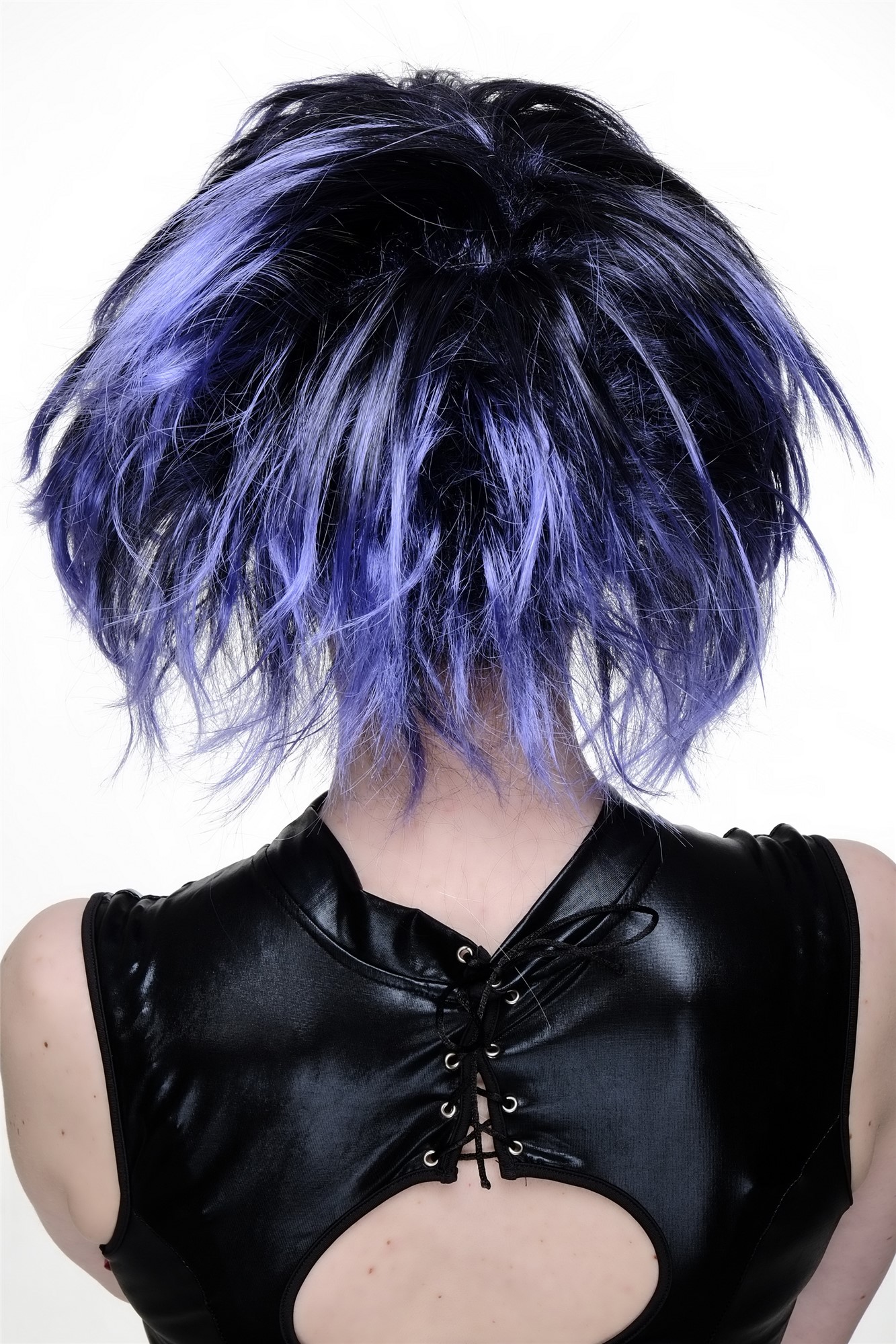 Party Wig for Halloween Fancy Dress Cosplay Blue Black Punk Wave 80s Disco Spikey Hair, view 3, WIG ME UP: Your Perücken Online Shop Party Wig, Ladies, blue-black, wavy, short