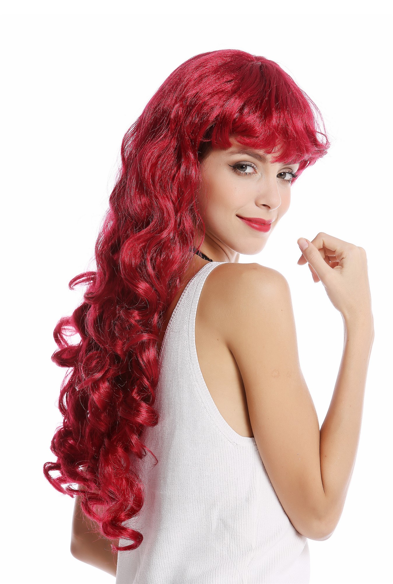 günstige Party Perücke, Perücke lang Locken rot dunkelrot Pony 0082-ZA13A, Ansicht 4, WIG ME UP: Ihr Perücken Online Shop lockige Party Perücke Rot lange Haare für Damen