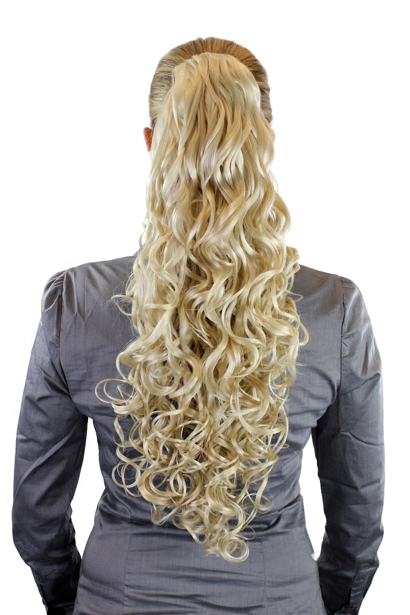 hochwertiges Voluminös wallendes Haarteil lockig und sehr lang Zopf Platinblond N310-613, Vorderansicht, WIG ME UP: Ihr Perücken Online Shop lockiges Zopf-Haarteil Platinblond 60 cm lang