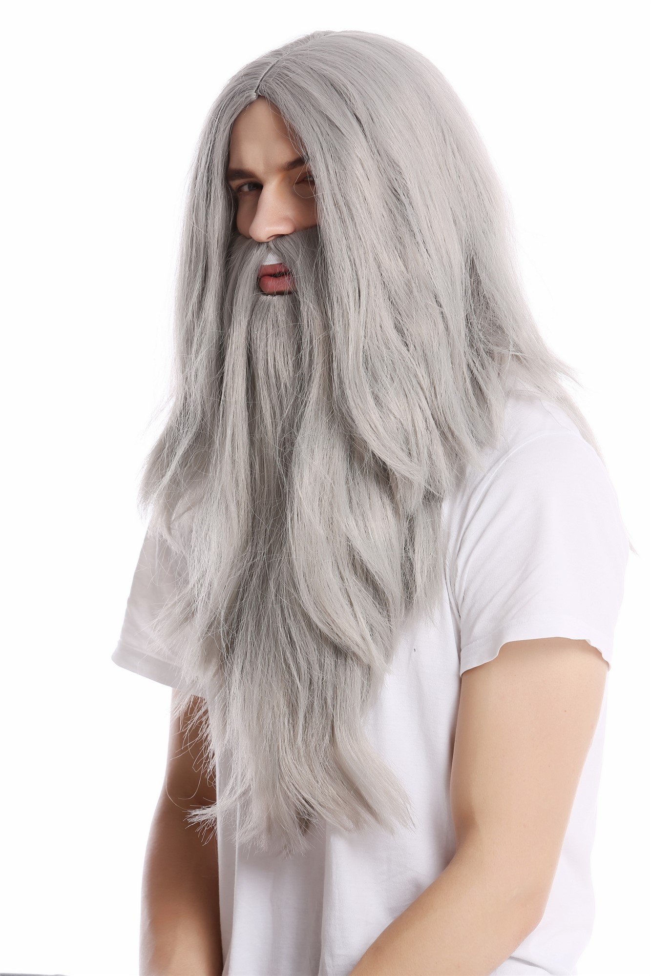 PW0210-ZA68E Wig & Beard Halloween carnival long smooth gray grey Wizard sorcerer Prophet Old Biker, front view, WIG ME UP: Your Perücken Online Shop Party Wig, Men, Grey, straight, long