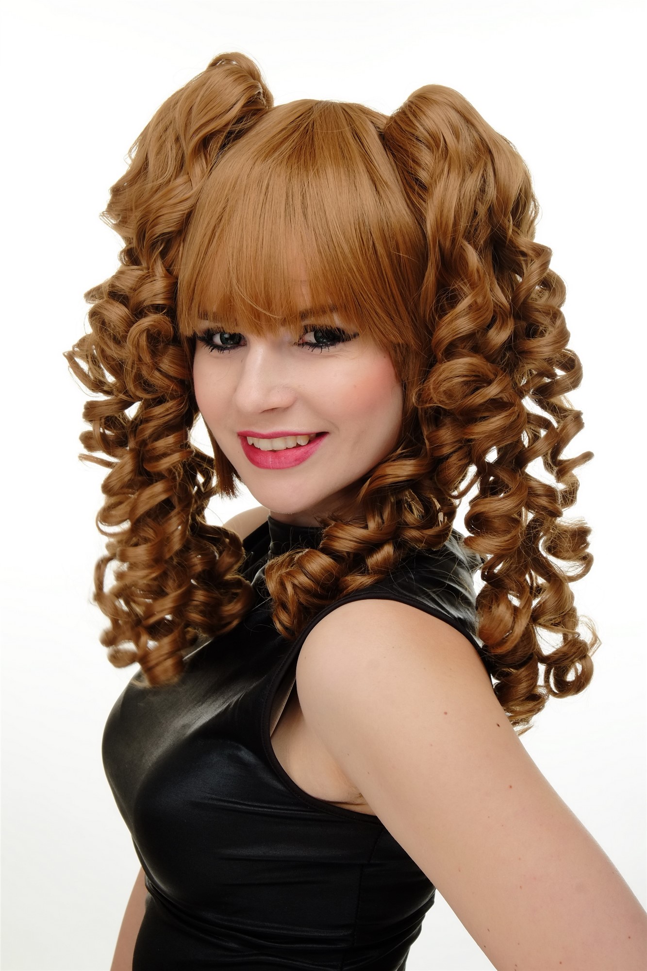 hochwertige Qualitätsperücken, Perücke Cosplay kurz Zöpfe Spirallocken Kupfer-Blond YZF-7080+A-27, Ansicht 2, WIG ME UP: Ihr Perücken Online Shop lockige Tressen-Perücke mit Kopfhaut-Imitat Erdbeerblond schulterlange Haare für Damen