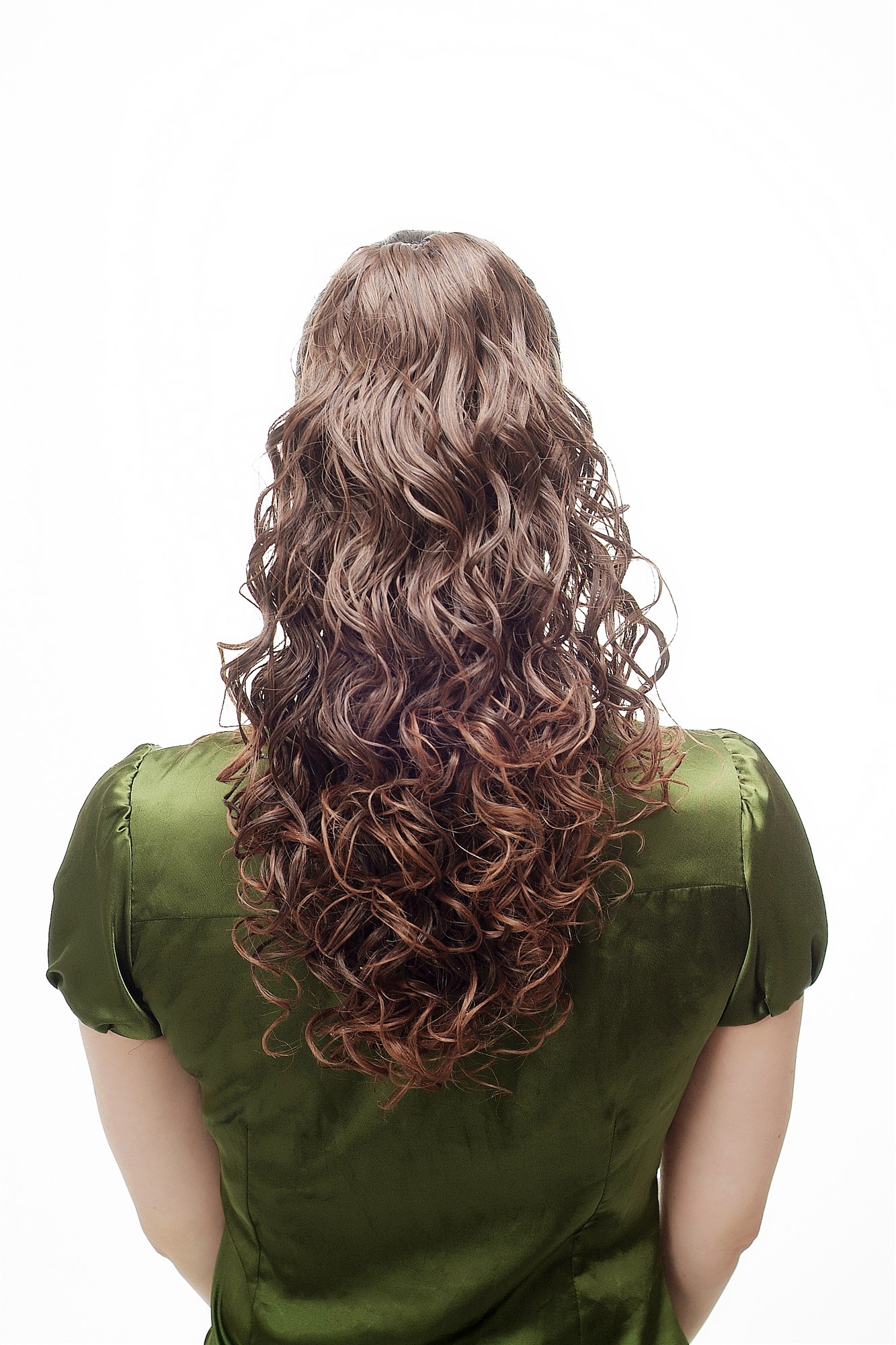 Hairpiece Ponytail with Claw Clamp/Clip long full & voluminous stringy wetlook curls brown chestnut, front view, WIG ME UP: Your Perücken Online Shop Ponytails, black-brown mix, curled, shoulder-length