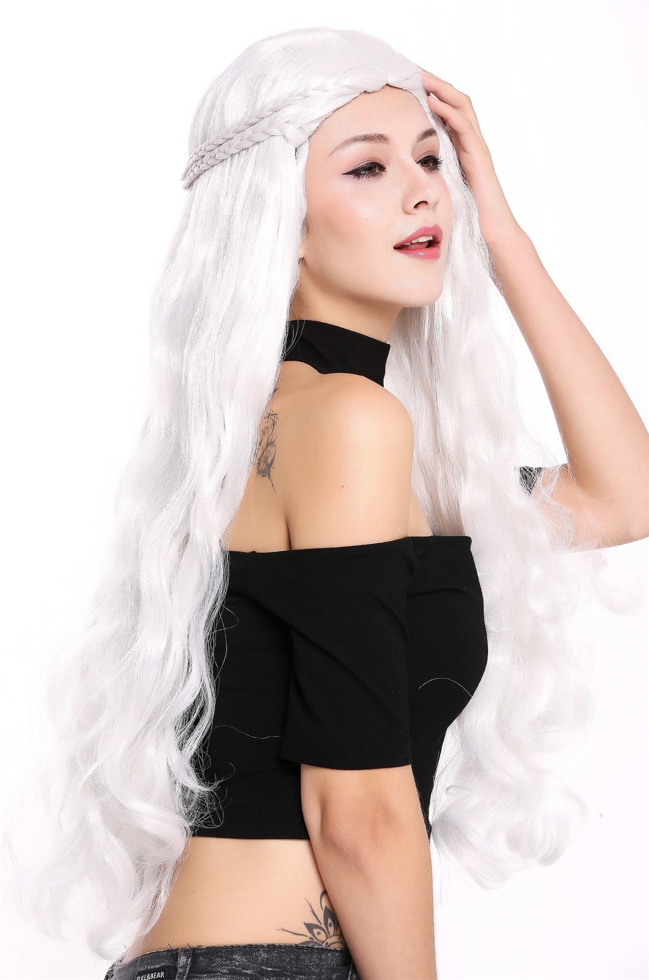 günstige Party Perücke, Perücke Lang Weißgrau Geflochten 91323-ZA68C, Vorderansicht, WIG ME UP: Ihr Perücken Online Shop geflochtene Party Perücke Grau lange Haare für Damen