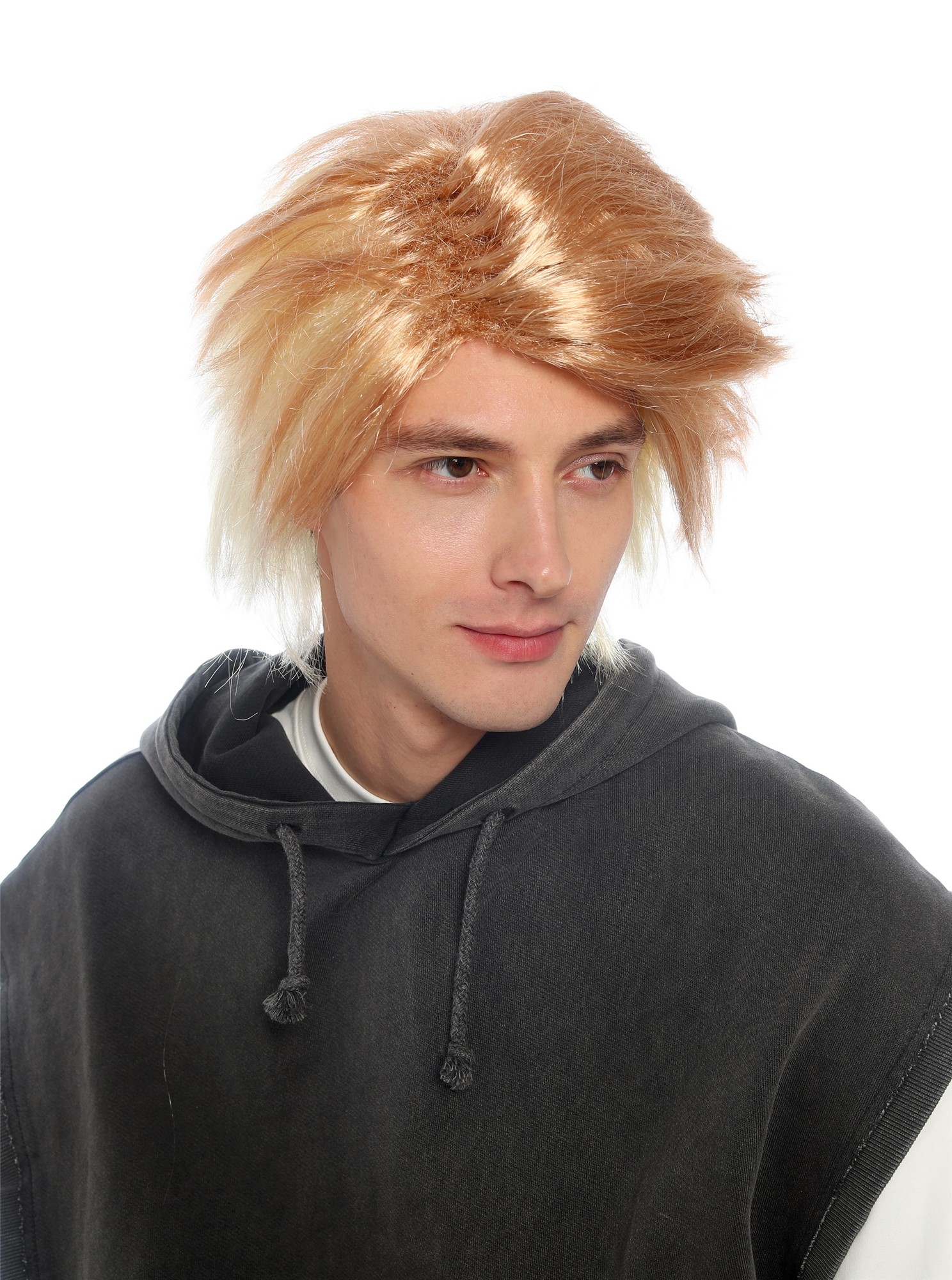 wellige Party-Perücke Blond mit Hellblond und roter Strähne 35 cm lange Perücke für Unisex