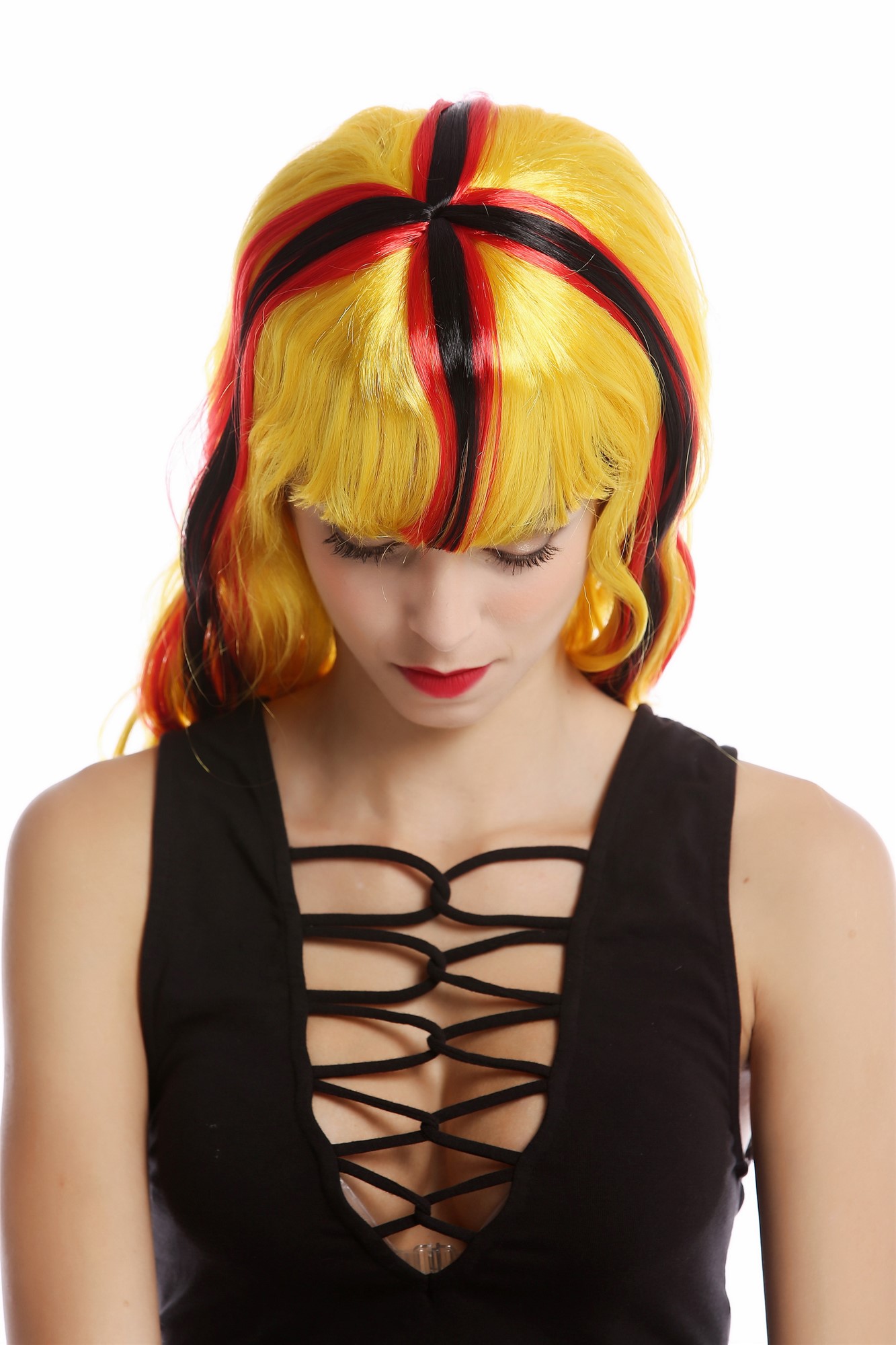 90923 Lady Fan Wig Germany black red yellow long wavy, view 4, WIG ME UP: Your Perücken Online Shop Party Wig, Ladies, yellow, red, black, wavy, long