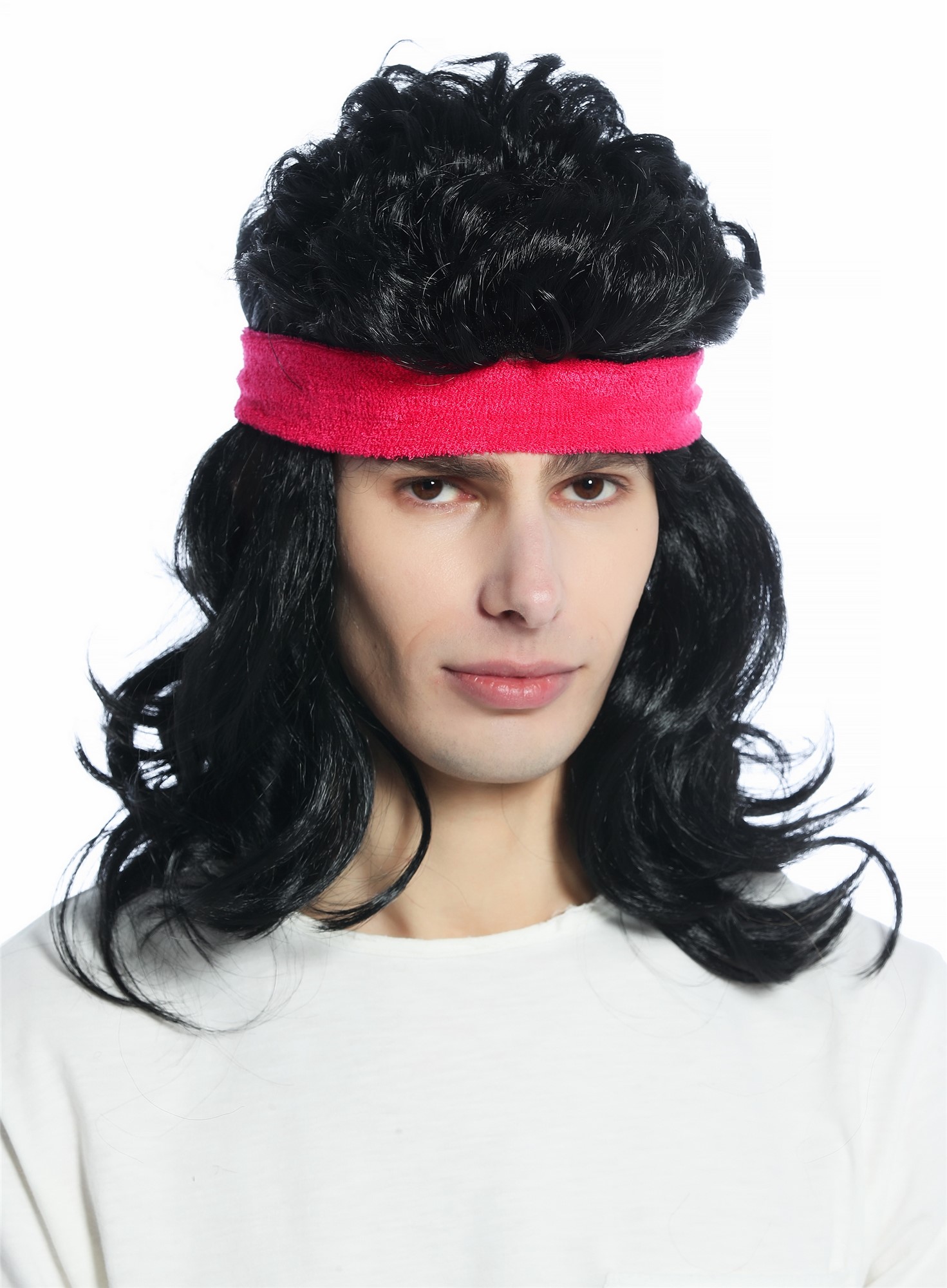 Halloween Carnival Wig & Headband Set 80s Mullet Action Star black CW-028A, front view, WIG ME UP: Your Perücken Online Shop Party Wig, Unisex, Black, wavy, shoulder-length