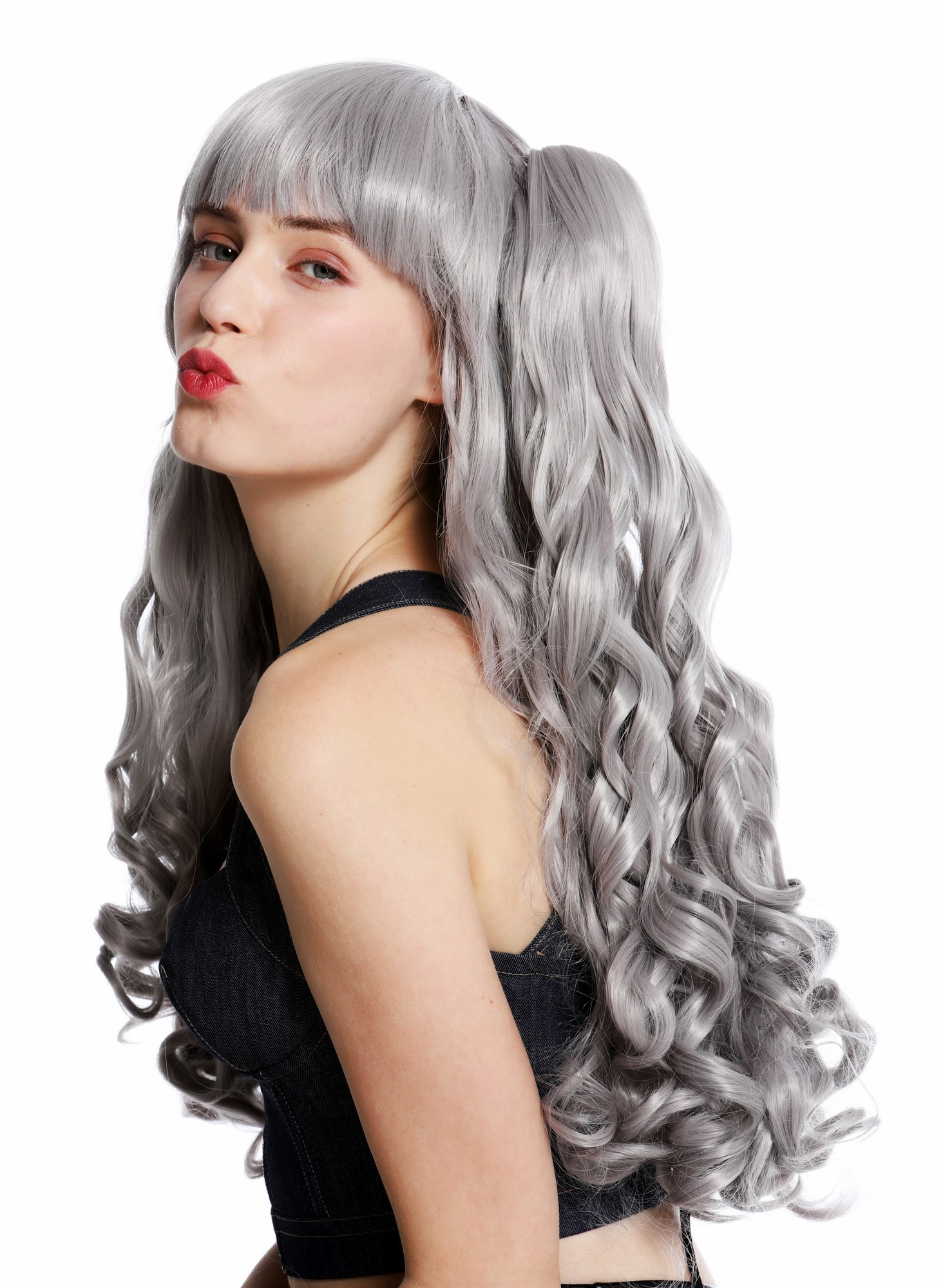 hochwertige Qualitätsperücken, Perücke Cosplay Lang Zöpfe Grau Hellgrau YZF-7092L+A-T0906, Ansicht 3, WIG ME UP: Ihr Perücken Online Shop lockige Tressen-Perücke mit Kopfhaut-Imitat Hellgrau lange Haare für Damen