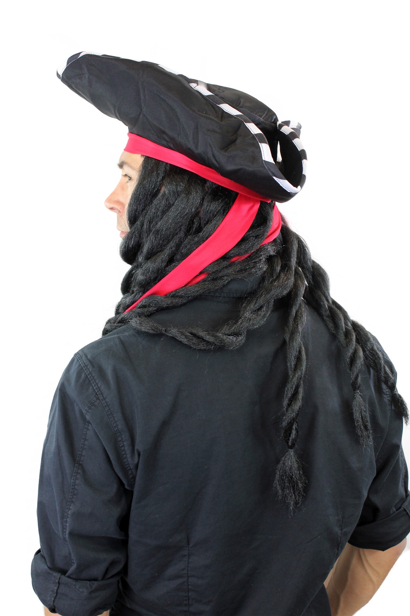 günstige Party Perücke, Piraten Set: Hut Bart & schwarze Perücke geflochtene Zöpfe Dreadlocks 68903-103, Ansicht 4, WIG ME UP: Ihr Perücken Online Shop geflochtene Party Perücke Schwarz lange Haare Unisex