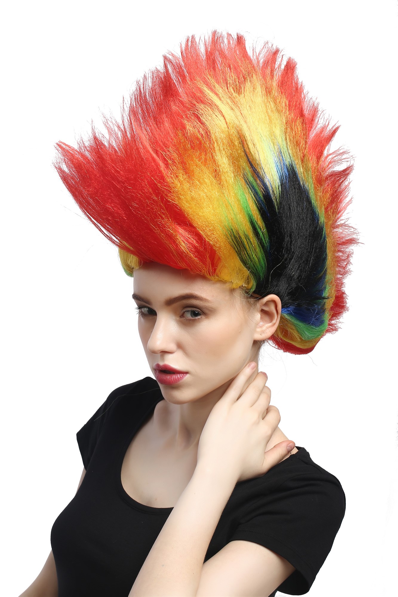 DH1159 Wig Ladies Men Halloween Carnival Fan colourful mohawk punk spikey, view 2, WIG ME UP: Your Perücken Online Shop Party Wig, Unisex, red-yellow-green-blue-black, straight, long