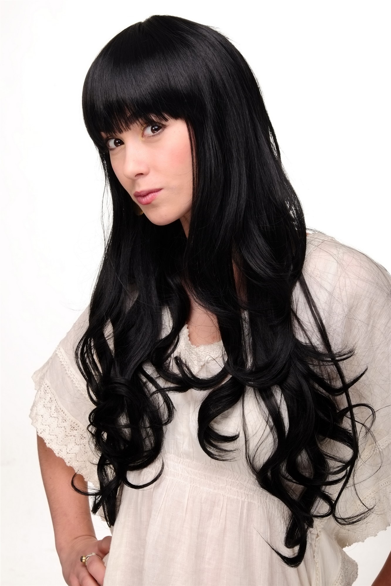 hochwertige Qualitätsperücken, Damen Perücke lange glatte Haare & wellige Spitzen Pony schwarz 3116-1B, Ansicht 2, WIG ME UP: Ihr Perücken Online Shop wellige Tressen-Perücke mit Kopfhaut-Imitat Samtschwarz lange Haare für Damen