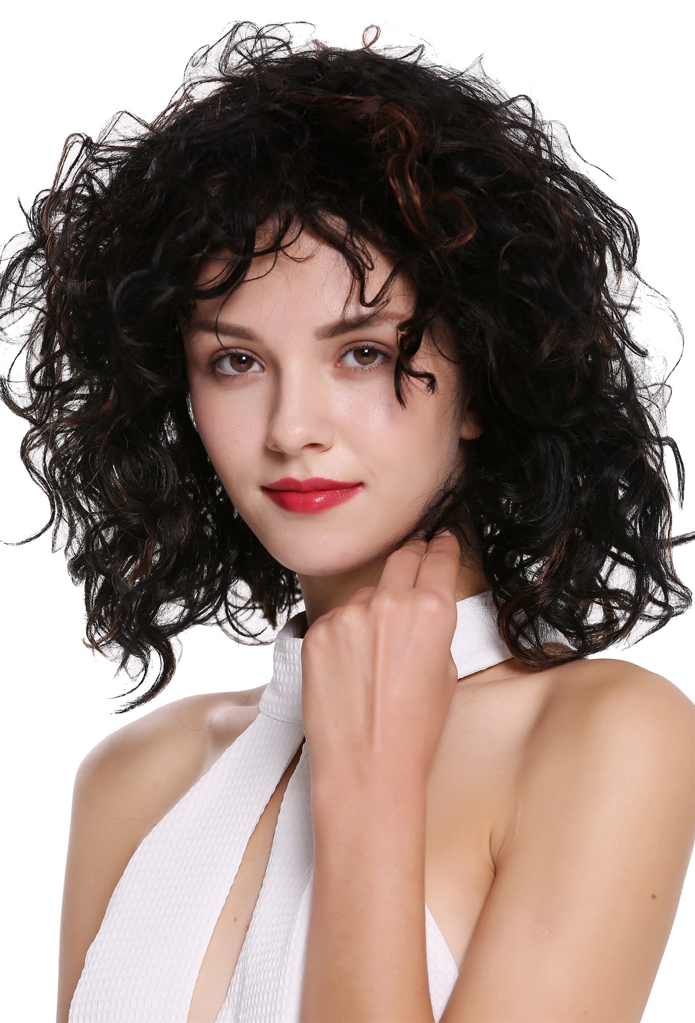 hochwertige Qualitätsperücken, Perücke Wild Lockig Voluminös Kurz Kastanie Braun Mix DW-2698-2BH30, Vorderansicht, WIG ME UP: Ihr Perücken Online Shop lockige Tressen-Perücke Schwarzbraun-Kupferbraun schulterlange Haare für Damen