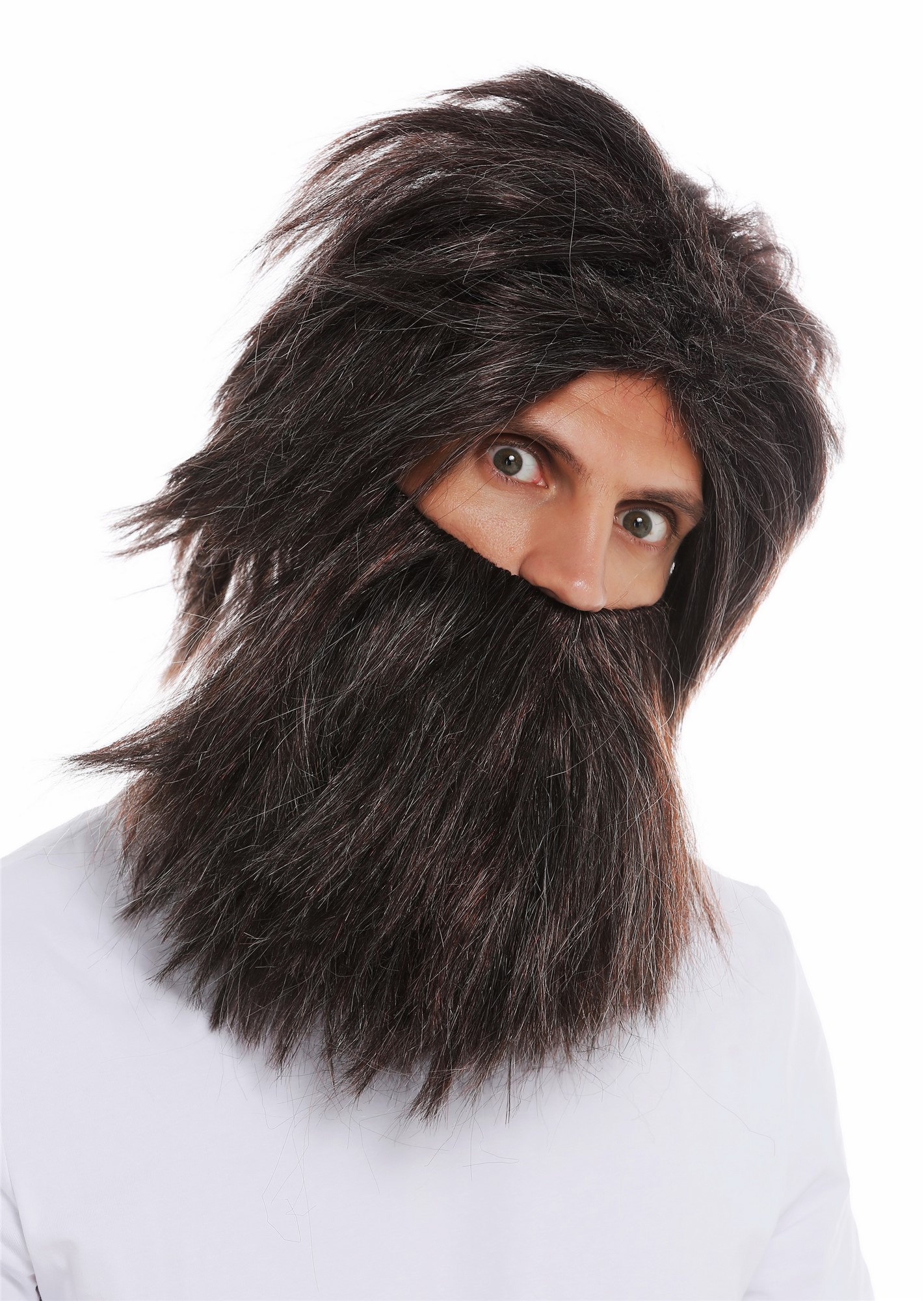 günstige Party Perücke, Perücke Bart Urmensch Neandertaler Wild Braun Mix Grau 6090A+B-P1-P68A-P30, Ansicht 2, WIG ME UP: Ihr Perücken Online Shop glatte Party Perücke Schwarz-Weiß-Kastanienbraun-Mix kurze Haare für Herren