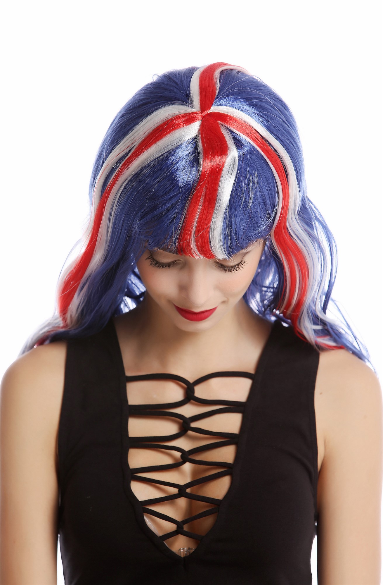 90923 Lady Fan Wig England UK Union Jack long wavy blue white red, view 4, WIG ME UP: Your Perücken Online Shop Party Wig, Ladies, Blue, White, Red, wavy, long
