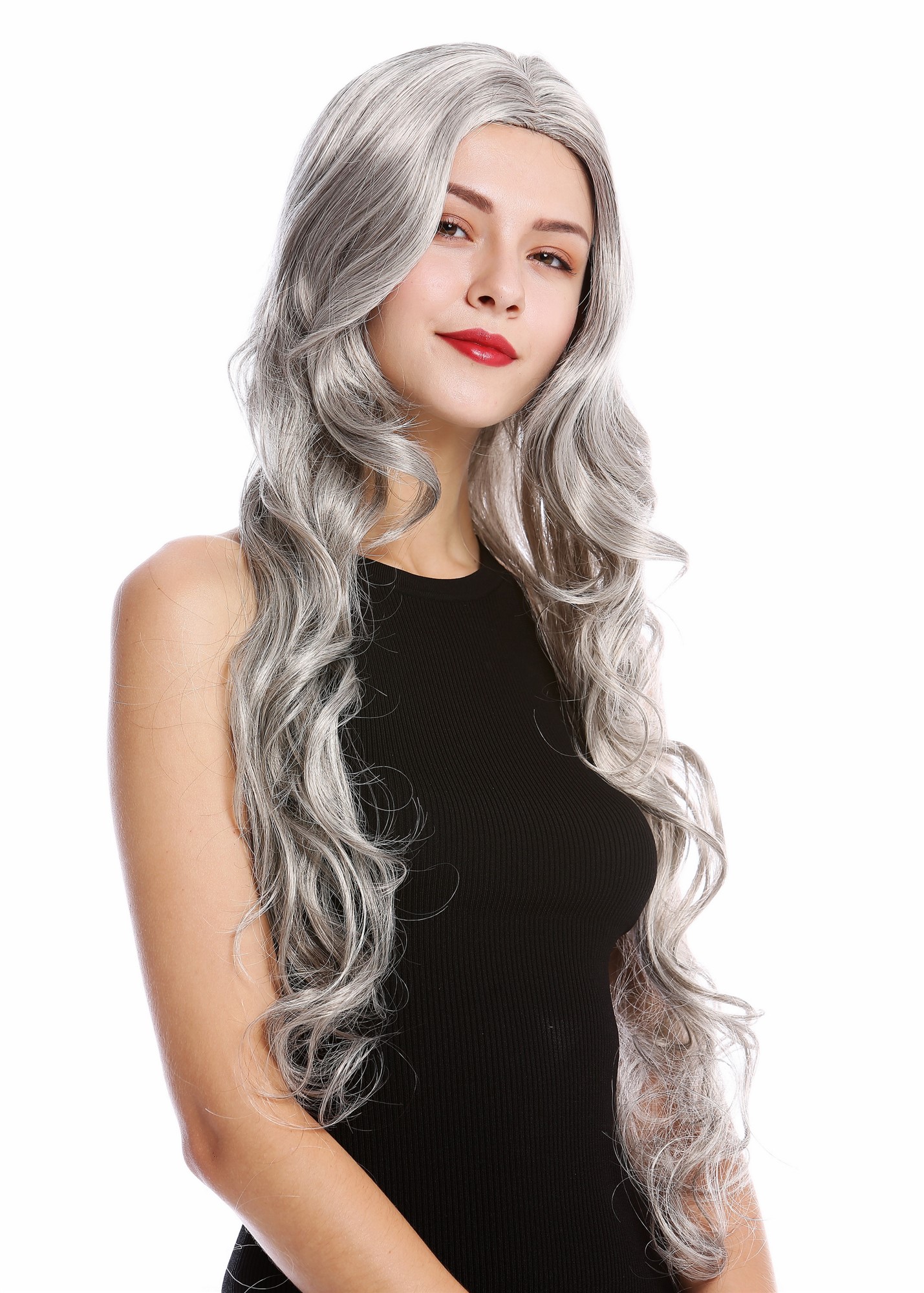 Lady wig women very long wavy middle parting silvery gray grey GFW2080, view 3, WIG ME UP: Your Perücken Online Shop Quality Wigs, Ladies, silver gray with a small amount of black, wavy, very long