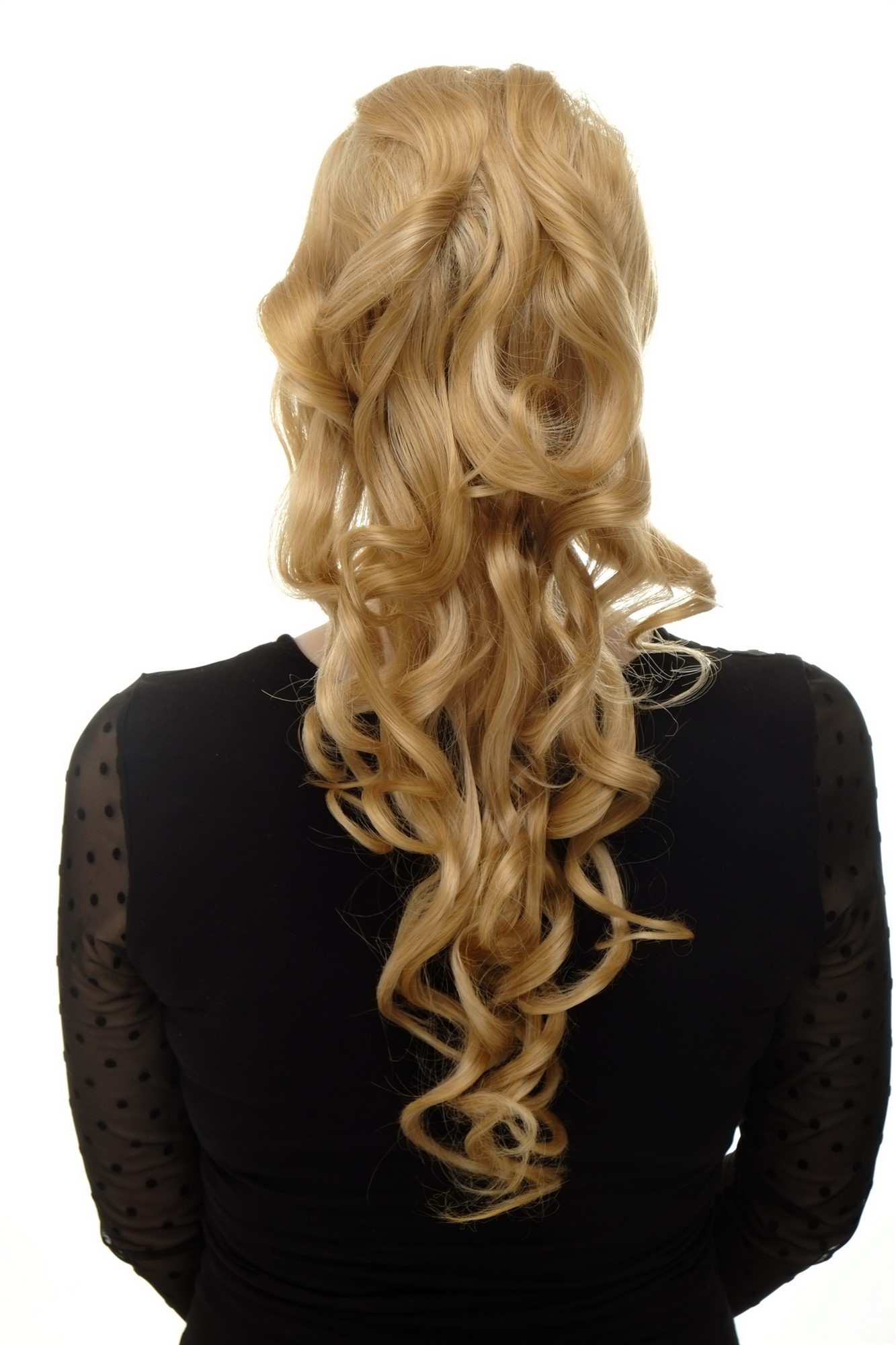 Hairpiece PONYTAIL with combs and elastic draw string curly voluminous very long bright mixed blond, front view, WIG ME UP: Your Perücken Online Shop Ponytails, golden blonde-light blonde mix, curled, long