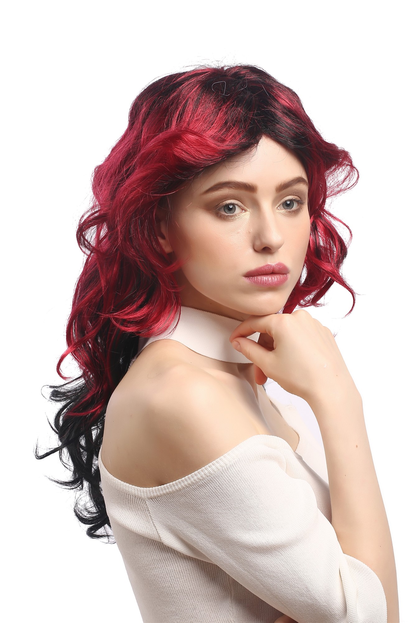Lady Party Wig Fancy Dress TV Soap Opera Diva black red ombre parting teased wavy layered long, view 4, WIG ME UP: Your Perücken Online Shop Party Wig, Ladies, Red, Black, wavy, long