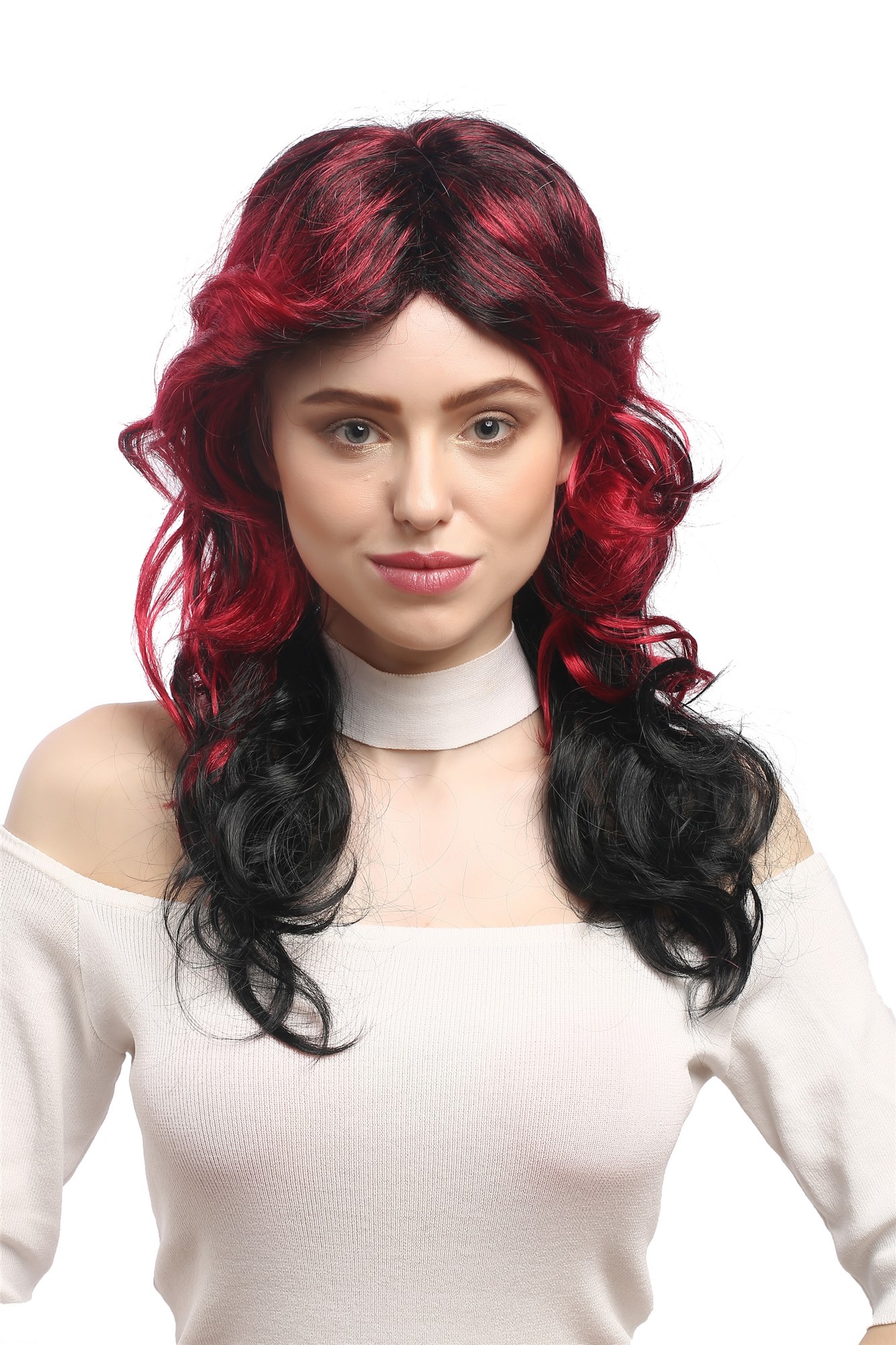 günstige Party Perücke, Perücke Diva Schwarz Rot Ombre Toupiert 91219-ZA103-ZA13A, Vorderansicht, WIG ME UP: Ihr Perücken Online Shop wellige Party Perücke Rot,Schwarz lange Haare für Damen