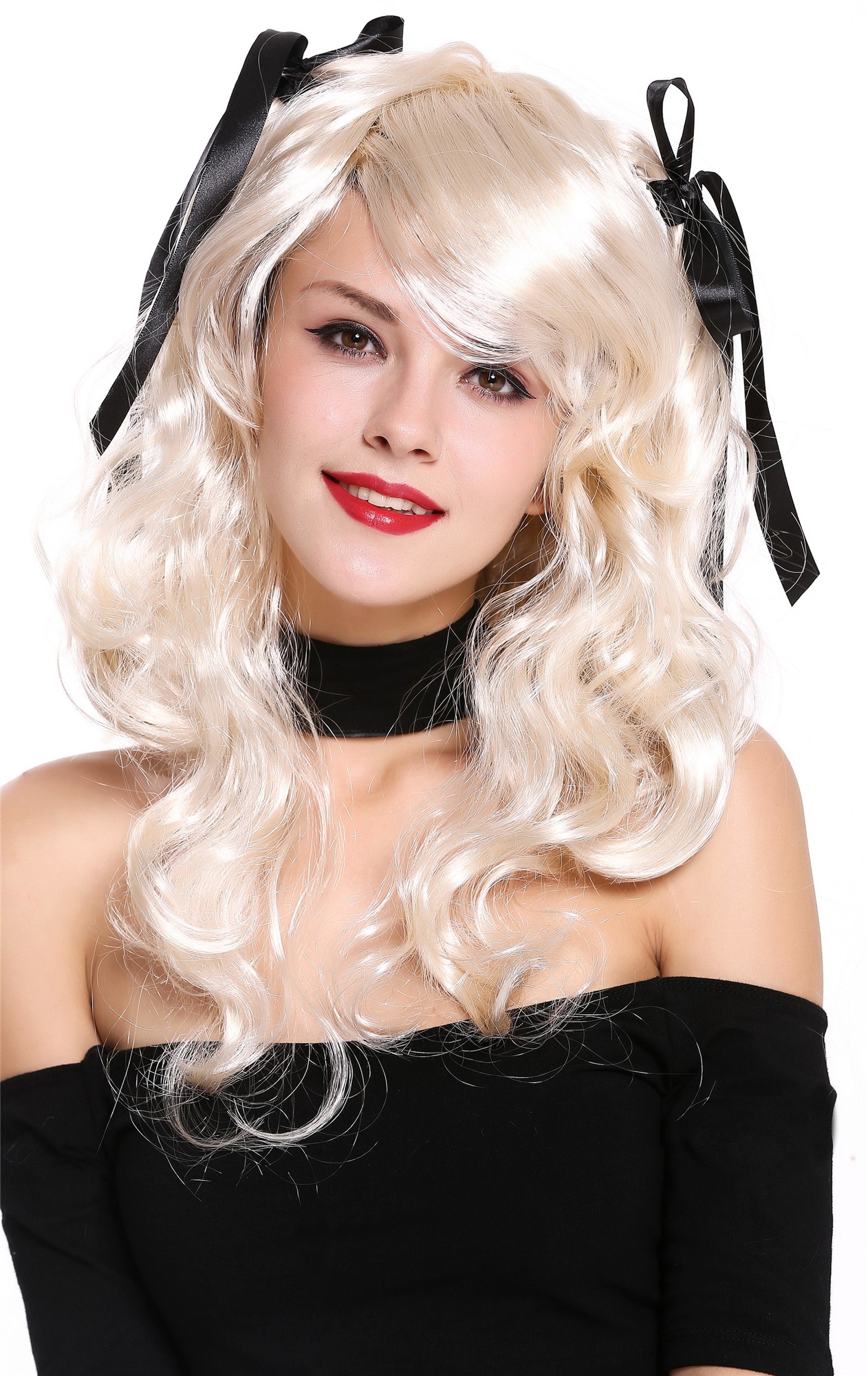Lady Party Wig long wavy light blond black ribbons Gothic Lolita style CXH-011, front view, WIG ME UP: Your Perücken Online Shop Party Wig, Ladies, Blonde, wavy, long
