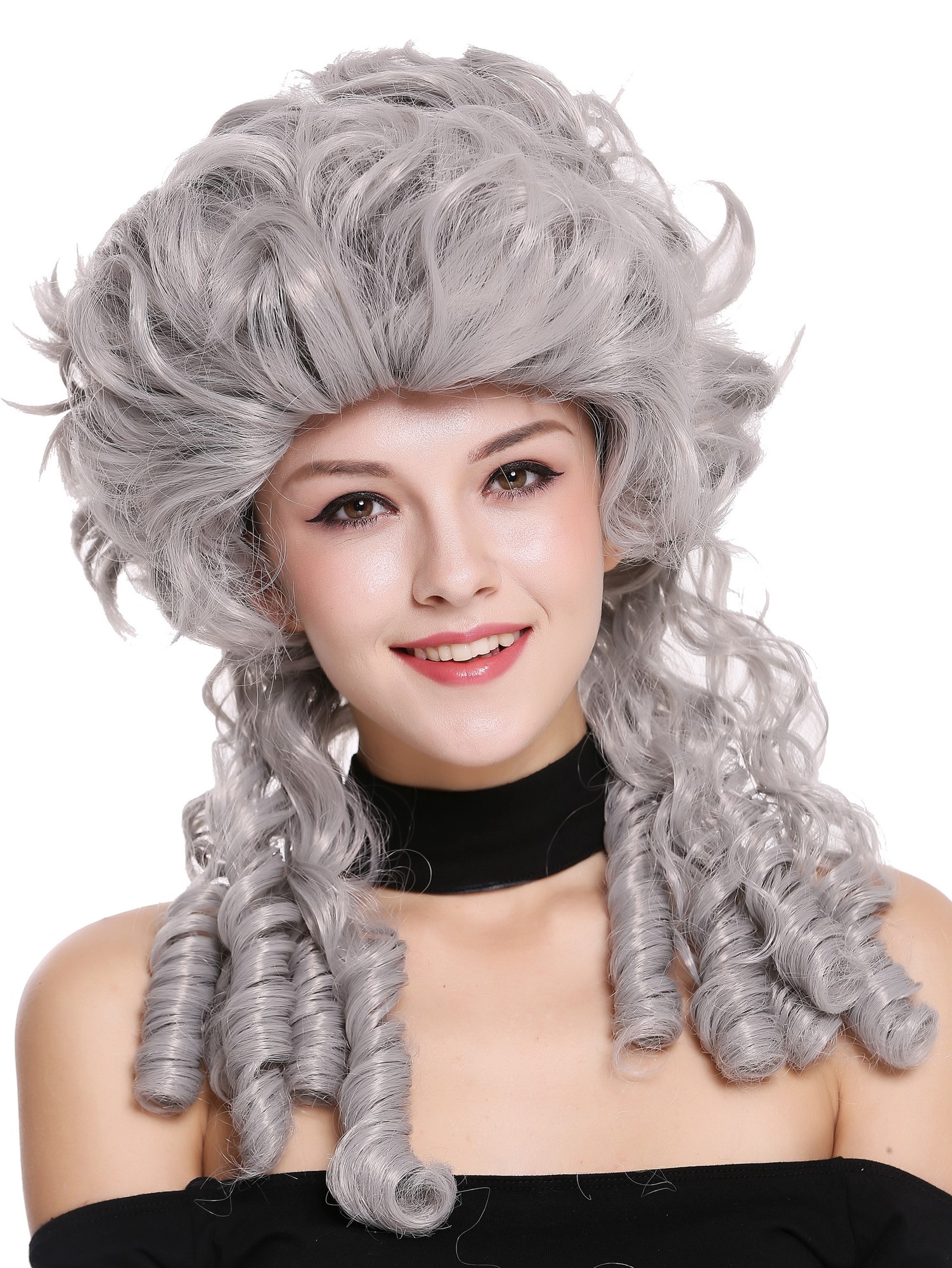 Lady Wig historic Baroque Victorian grey gray noble spiral curls ringlets DH1009, front view, WIG ME UP: Your Perücken Online Shop Party Wig, Ladies, Grey, curled, shoulder-length