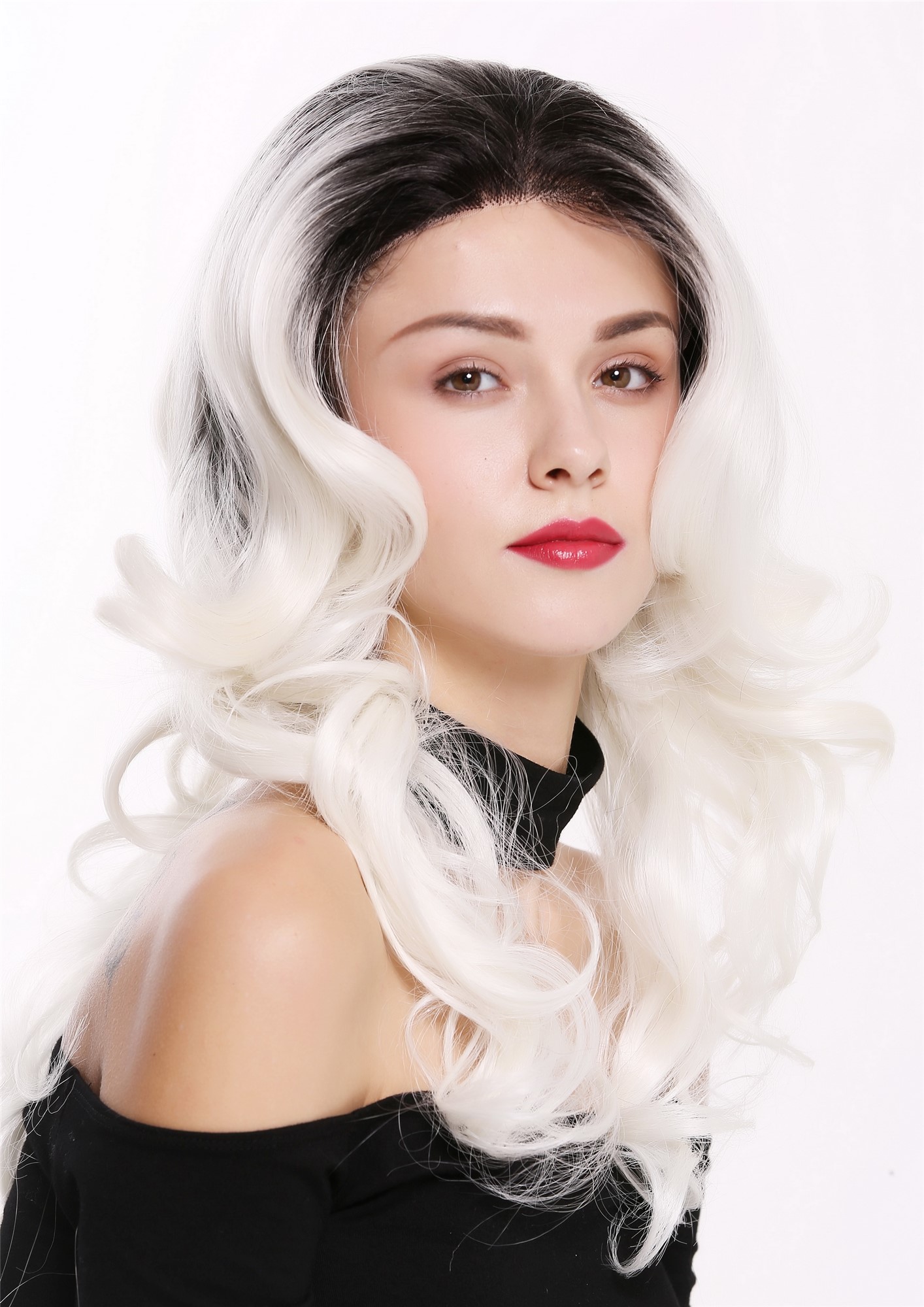 Quality Wigs, Ladies, deep black and flower white mix, curled, long