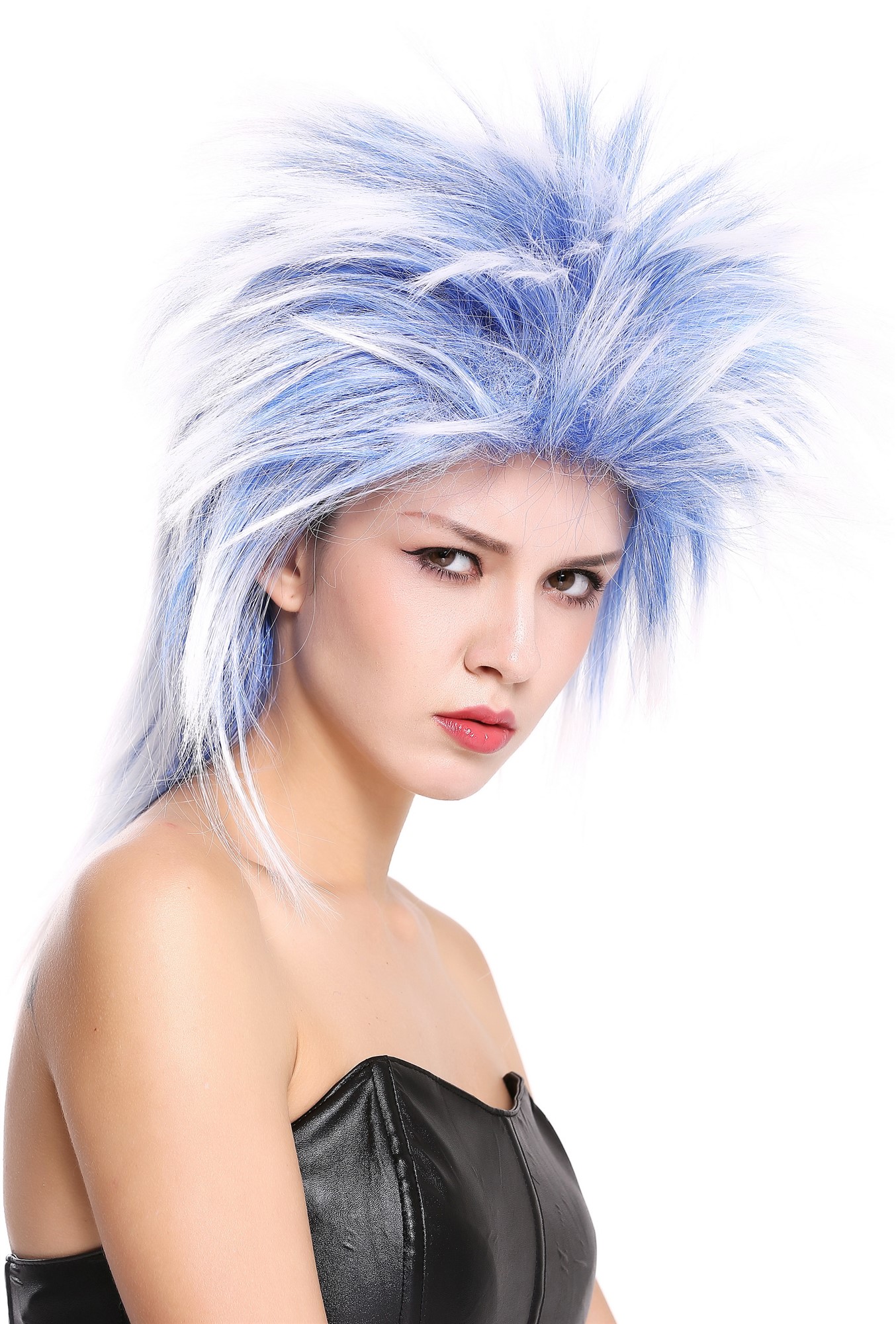 günstige Party Perücke, Perücke Vokuhila Blau Weiß Mix Toupiert 80er Punk 90891-ZAC3TZA60, Ansicht 2, WIG ME UP: Ihr Perücken Online Shop glatte Party Perücke Blau,Weiß schulterlange Haare Unisex