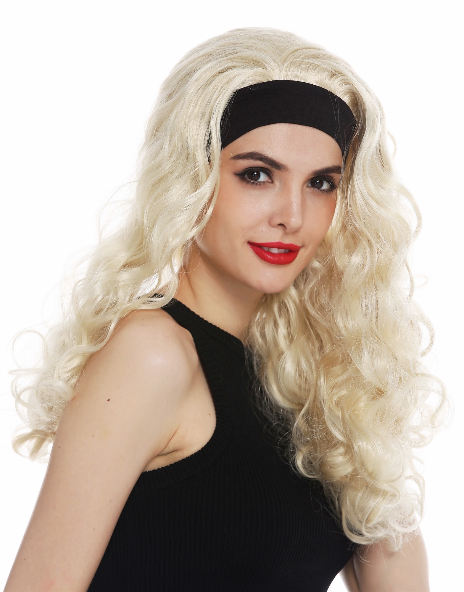 Women's wig Halloween head band long blonde curly voluminous 80's retro 12110, front view, WIG ME UP: Your Perücken Online Shop Party Wig, Ladies, light blonde, curled, long