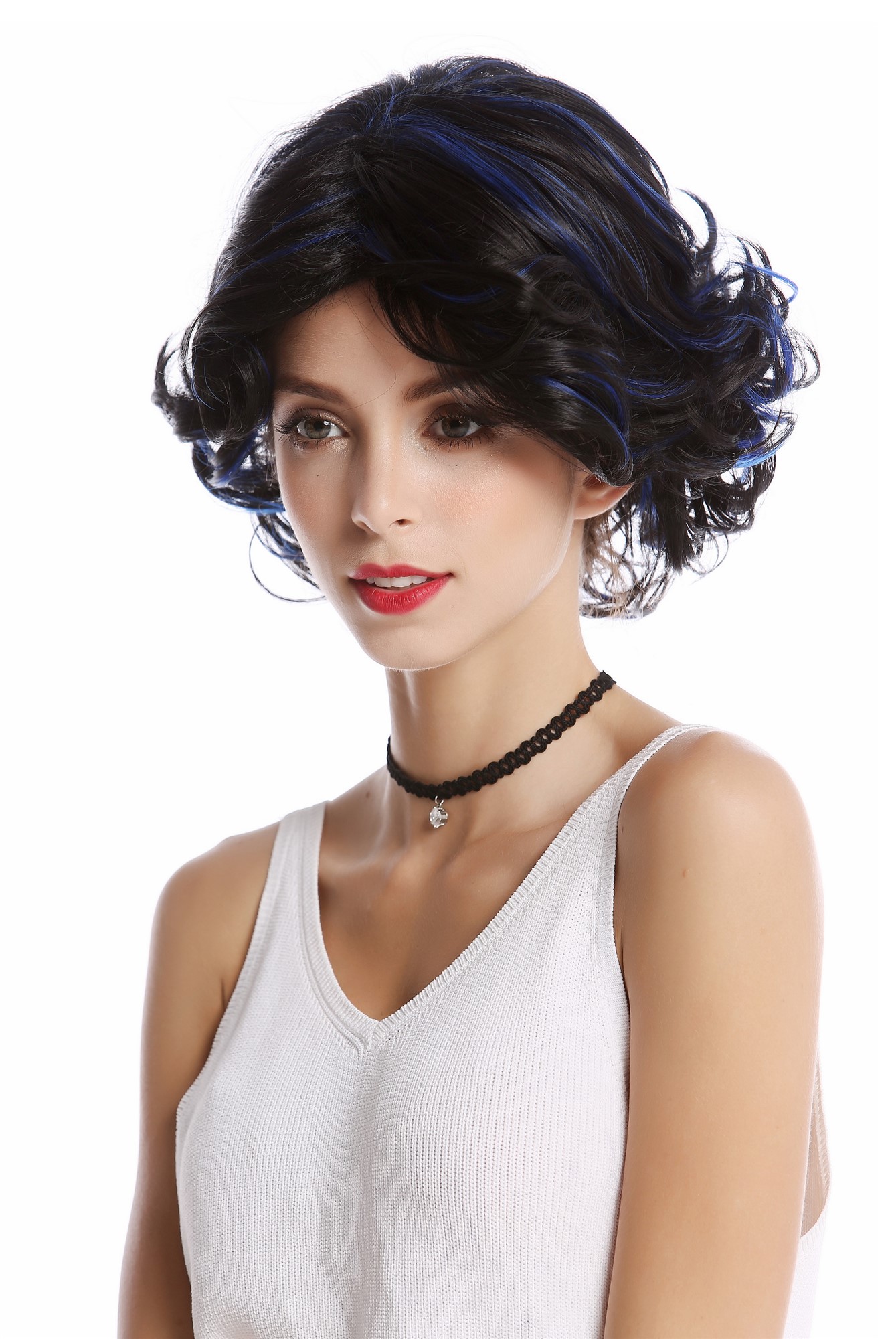 hochwertige Qualitätsperücken, Perücke gelockte Spitzen Schwarz Blau GF-W2414-1BHTF2517, Ansicht 2, WIG ME UP: Ihr Perücken Online Shop lockige Tressen-Perücke Samtschwarz-Blau-Mix kurze Haare für Damen