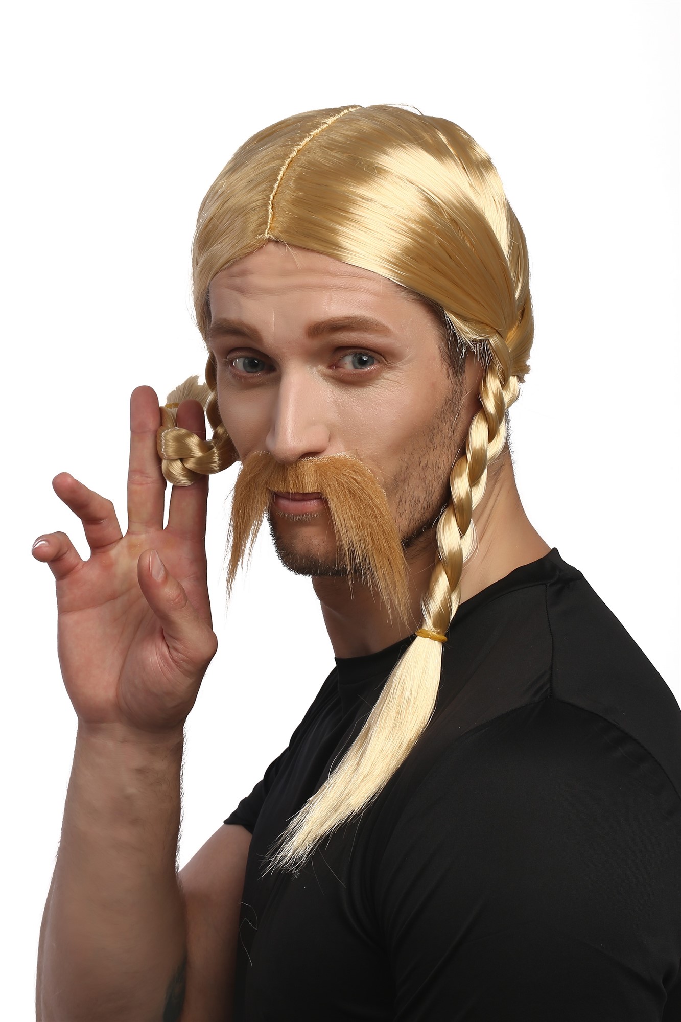 Man Gents Party Wig & Mustache Set Halloween Fancy Dress blond long braids braided Gaul Viking Celt, view 2, WIG ME UP: Your Perücken Online Shop Party Wig, Men, Blonde, Braided, shoulder-length