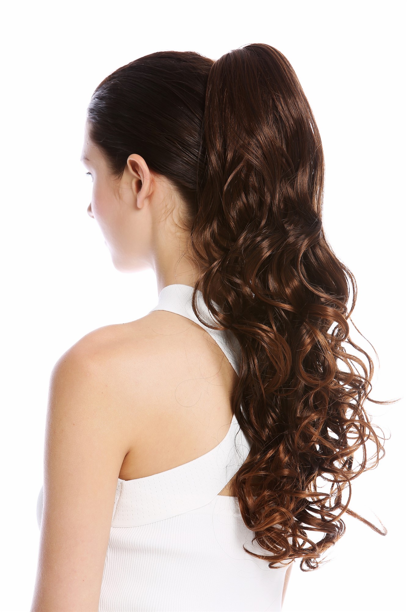 Ponytail long voluminous curled wild straggly wet look chestnut brown mix DM44, front view, WIG ME UP: Your Perücken Online Shop Ponytails, brown mix, curled, long