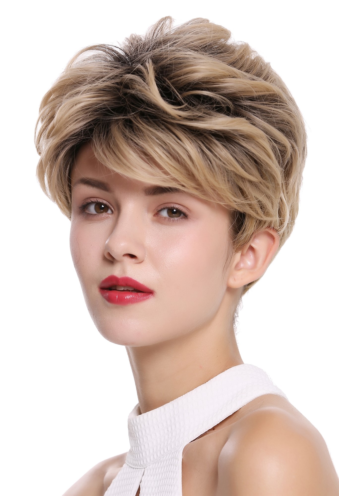 hochwertige Qualitätsperücken, Perücke kurz voluminös wellig Schwarz Blond Mix DW-2700-B27HB25DH613YS1B, Ansicht 3, WIG ME UP: Ihr Perücken Online Shop wellige Tressen-Perücke Blond-Schwarz-Mix kurze Haare für Damen