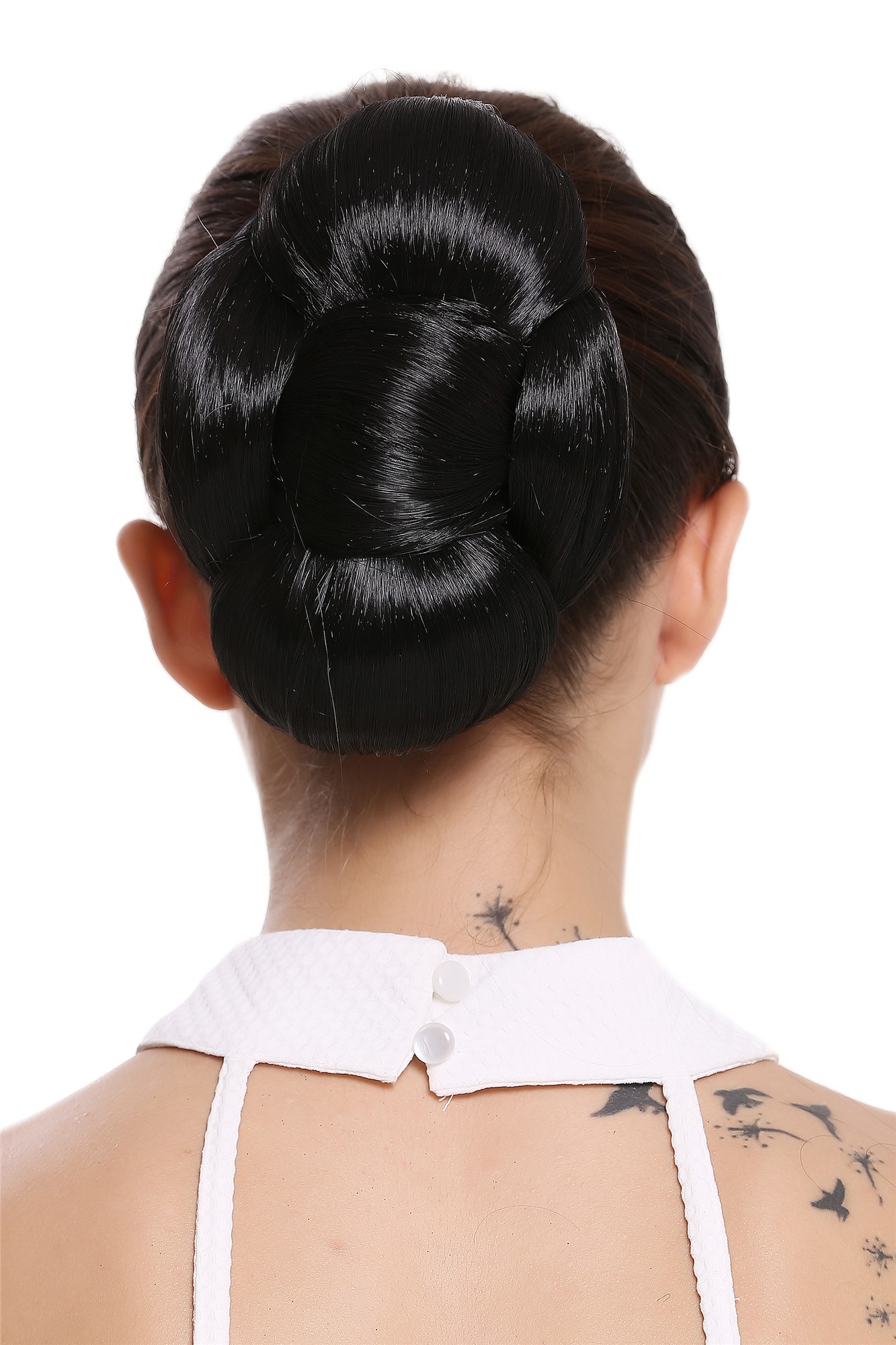 Dutt Haarschleife Haarknoten Schleife Schwarz O2-1B, Vorderansicht, WIG ME UP: Ihr Perücken Online Shop glatter Dutt Haarteil Samtschwarz