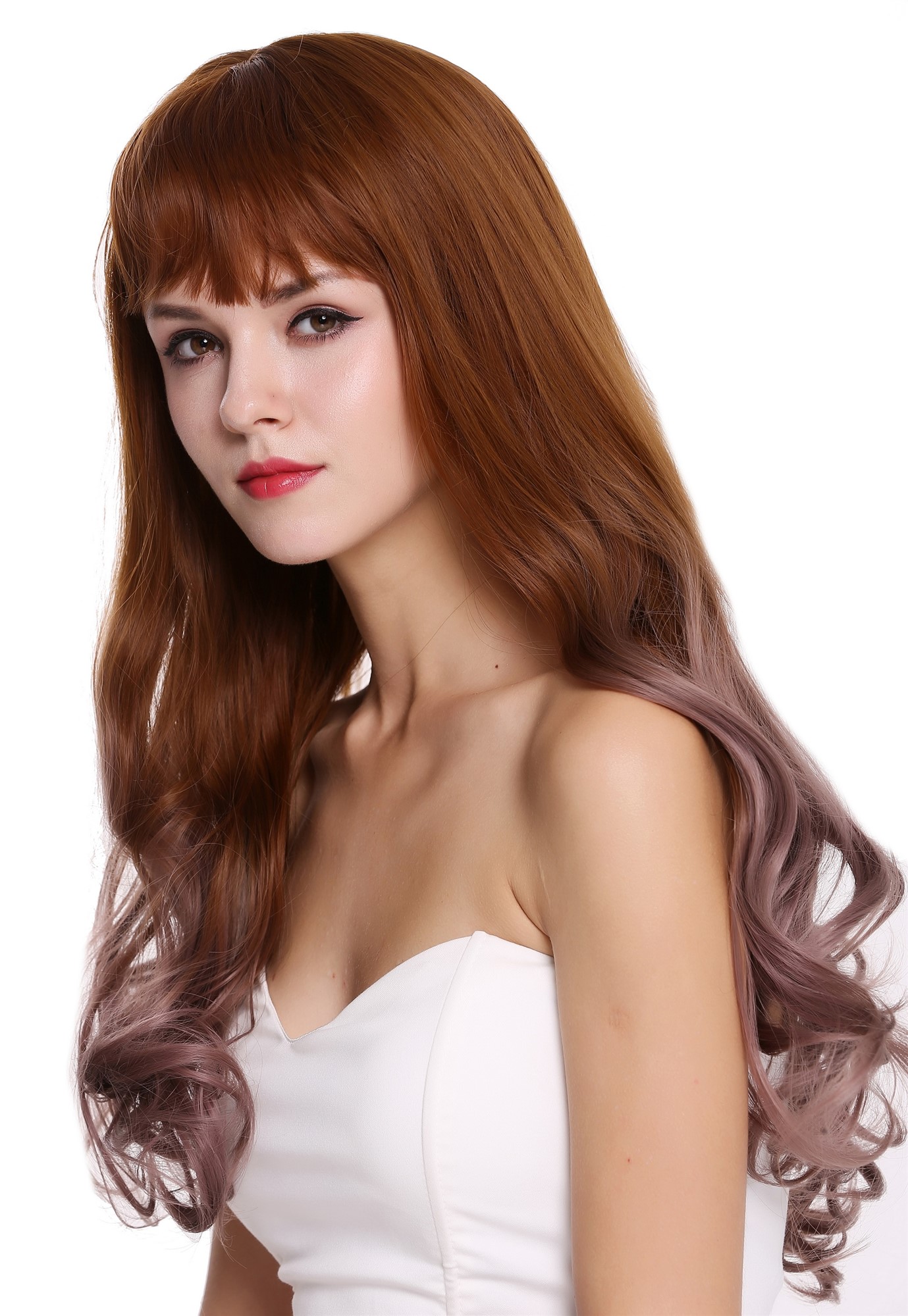 hochwertige Qualitätsperücken, Perücke lang Pony wellig Balayage Kupferbraun Rosa H1800-612R30, Ansicht 4, WIG ME UP: Ihr Perücken Online Shop wellige Tressen-Perücke mit Kopfhaut-Imitat Kupferbraun-Pastellrosa-Mix lange Haare für Damen