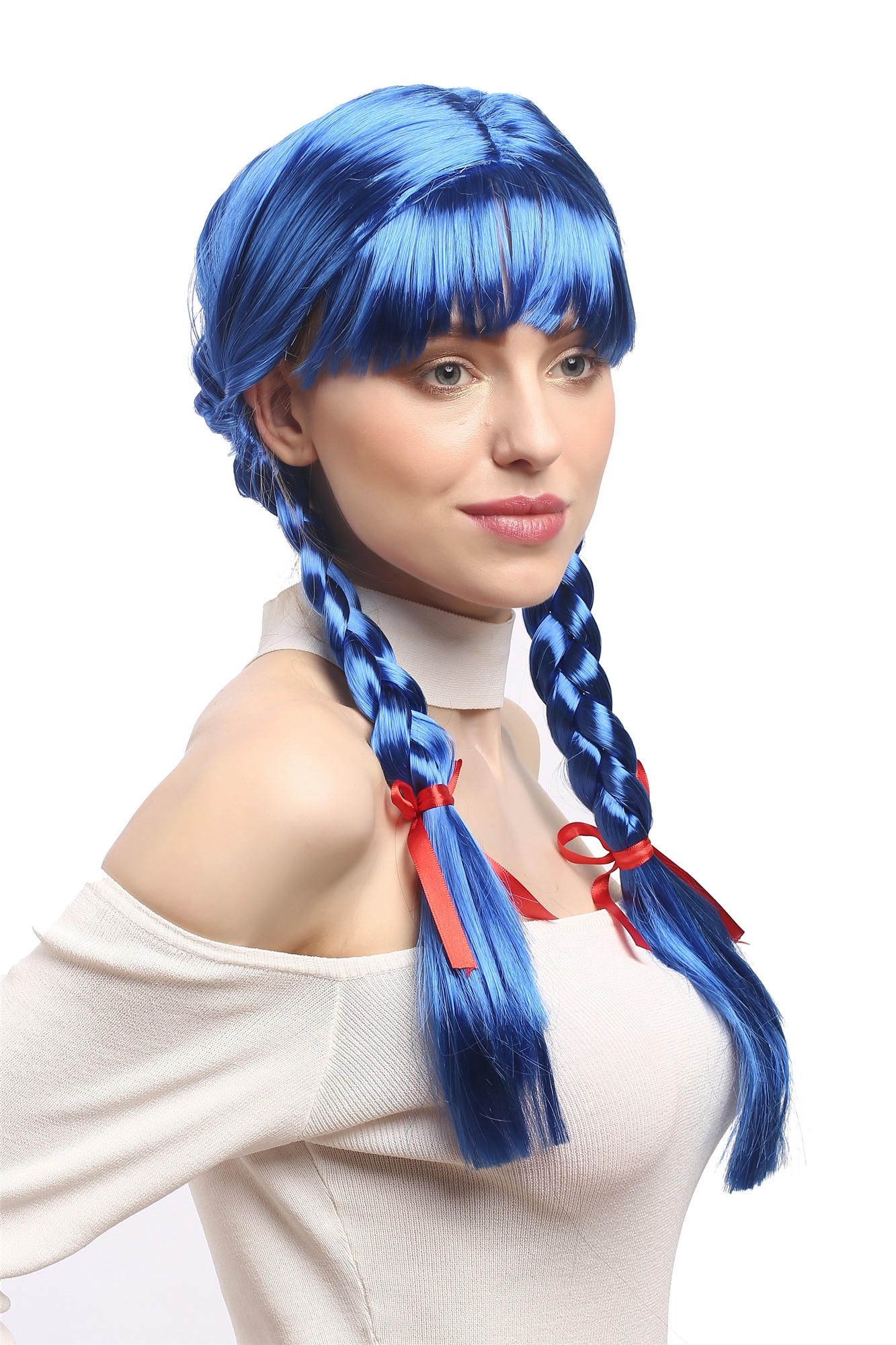 Lady Wig Halloween Lolita schoolgirl long braided plaits fringe blue XR-008, front view, WIG ME UP: Your Perücken Online Shop Party Wig, Ladies, neon blue, Braided, long