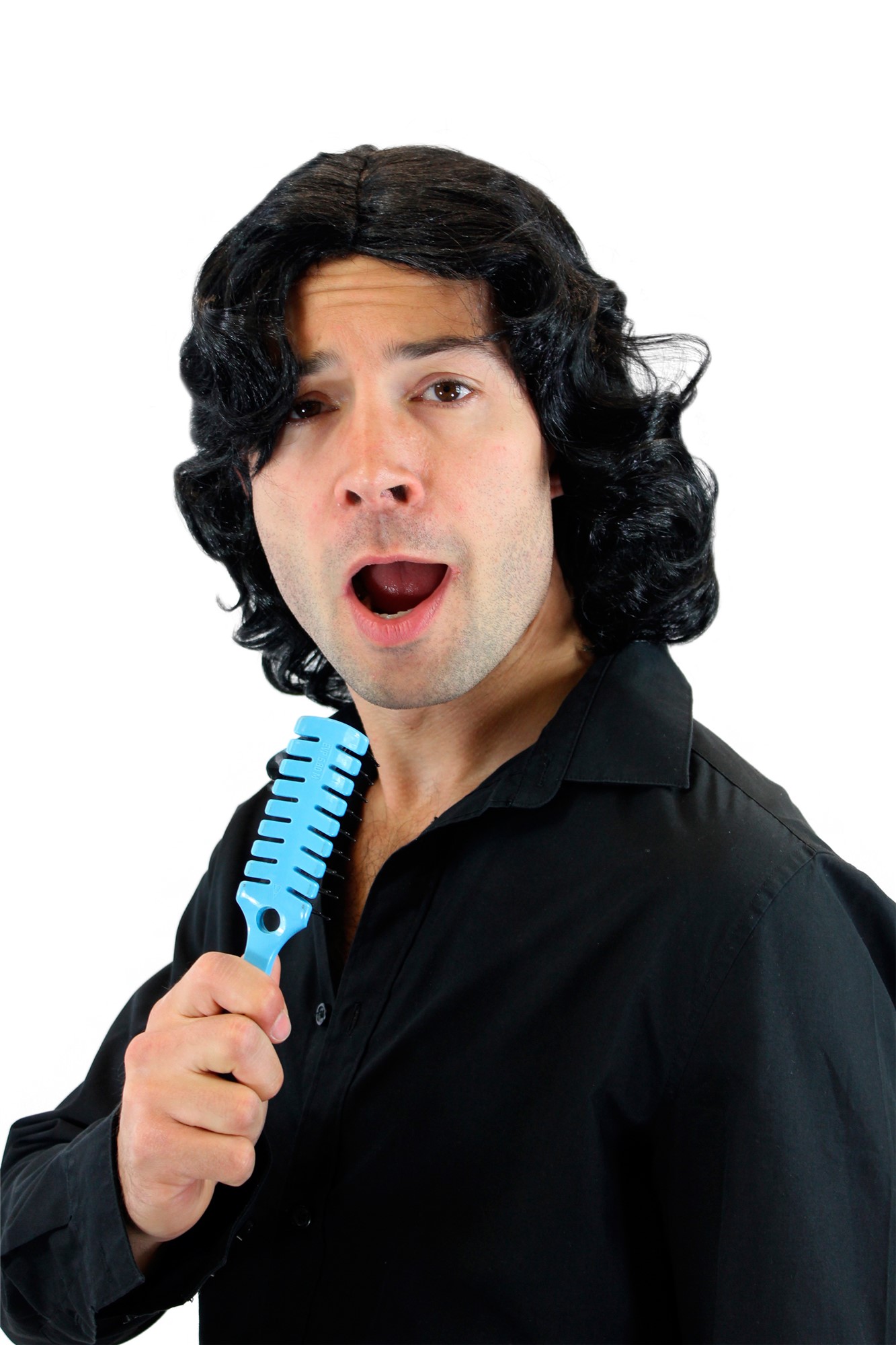 Halloween Carnival Wig black Men Women Gigolo 70ies Popstar Dancer Playboy 3750, front view, WIG ME UP: Your Perücken Online Shop Party Wig, Unisex, Black, curled, shoulder-length