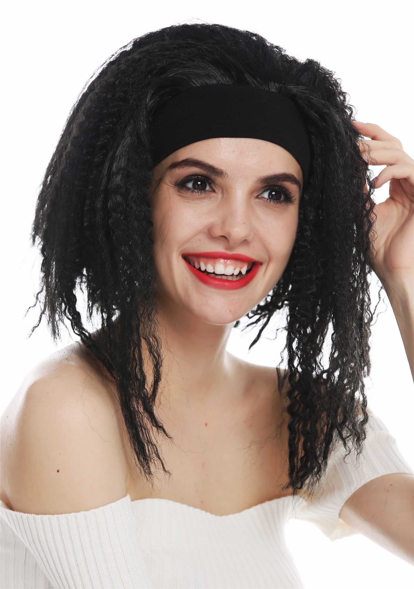 günstige Party Perücke, Perücke Stirnband Krepplocken Schwarz 31803-P103, Ansicht 2, WIG ME UP: Ihr Perücken Online Shop lockige Party Perücke Pechschwarz schulterlange Haare für Damen