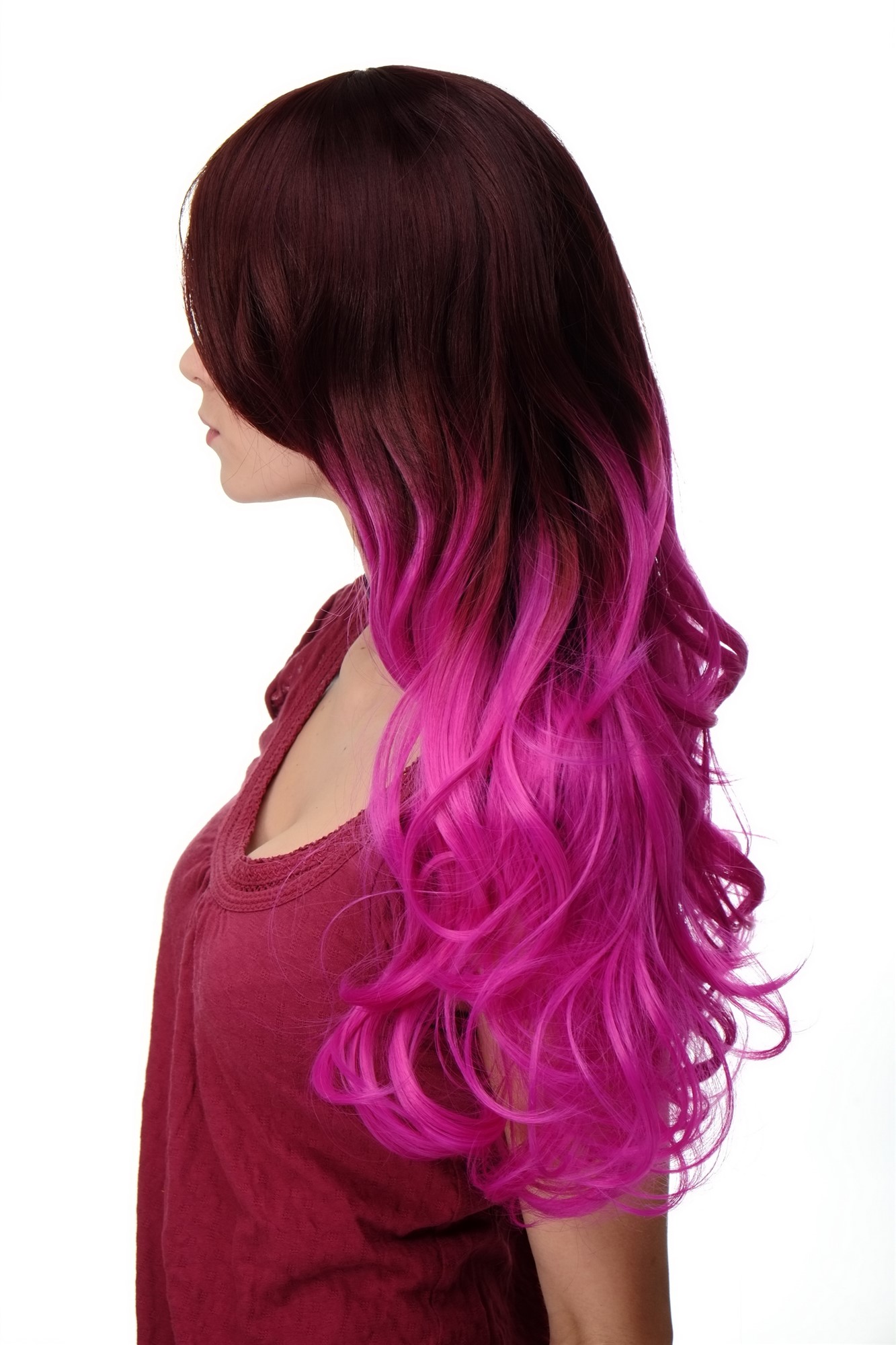 hochwertige Qualitätsperücken, Perücke Ombre Mahagonibraun Pink Lockig H9704-33FT2405, Ansicht 2, WIG ME UP: Ihr Perücken Online Shop wellige Tressen-Perücke mit Kopfhaut-Imitat Kastanie-Lila-Mix lange Haare für Damen