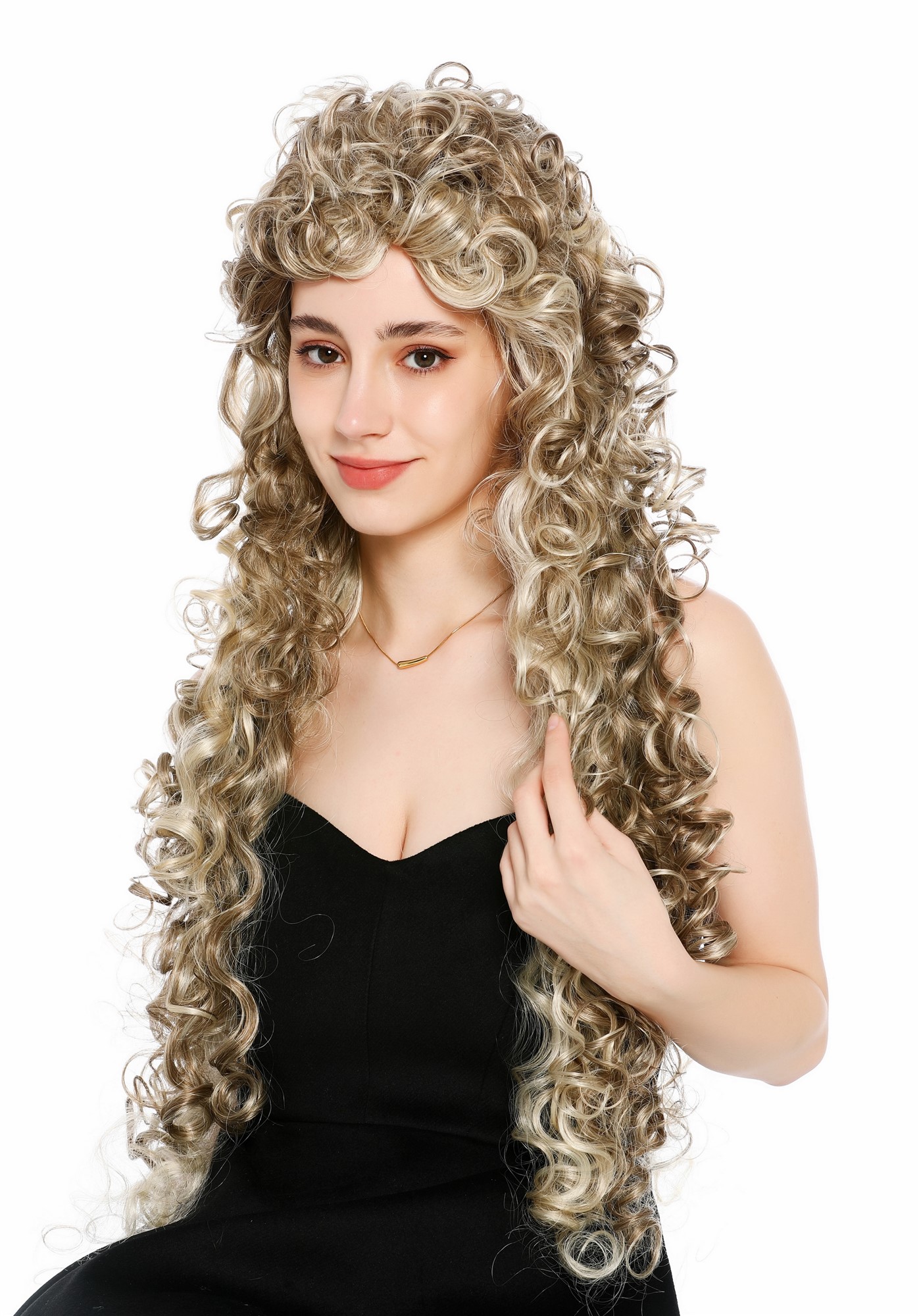 Perücke Damen sehr lang wild gelockt Locken Dunkelblond Hellblond gesträhnt VK-59-H16/613